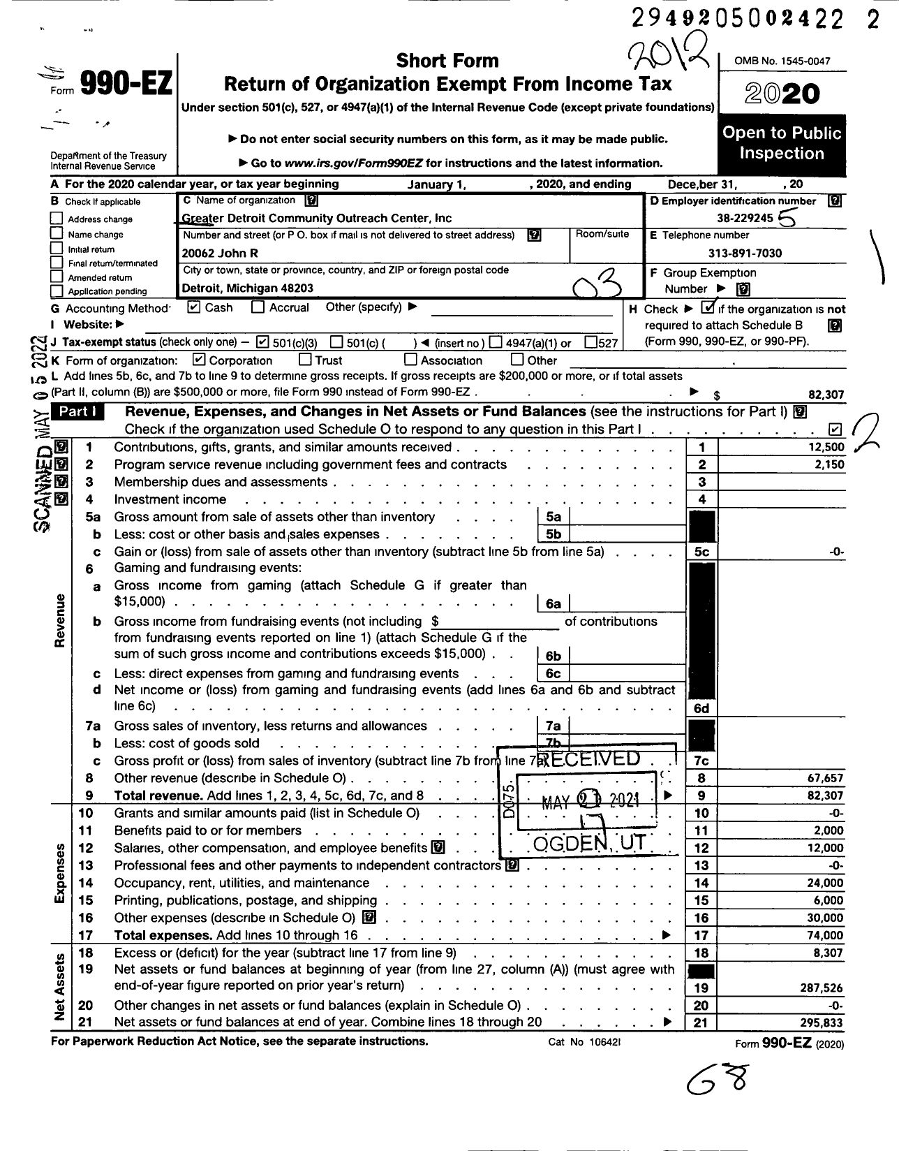 Image of first page of 2020 Form 990EZ for Greater Detroit Community Outreach Center