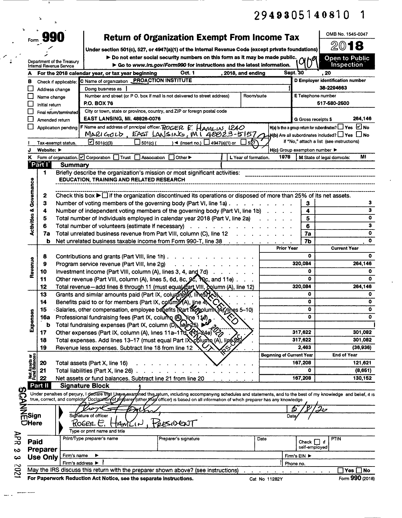 Image of first page of 2018 Form 990 for Proaction Institute Incorporated