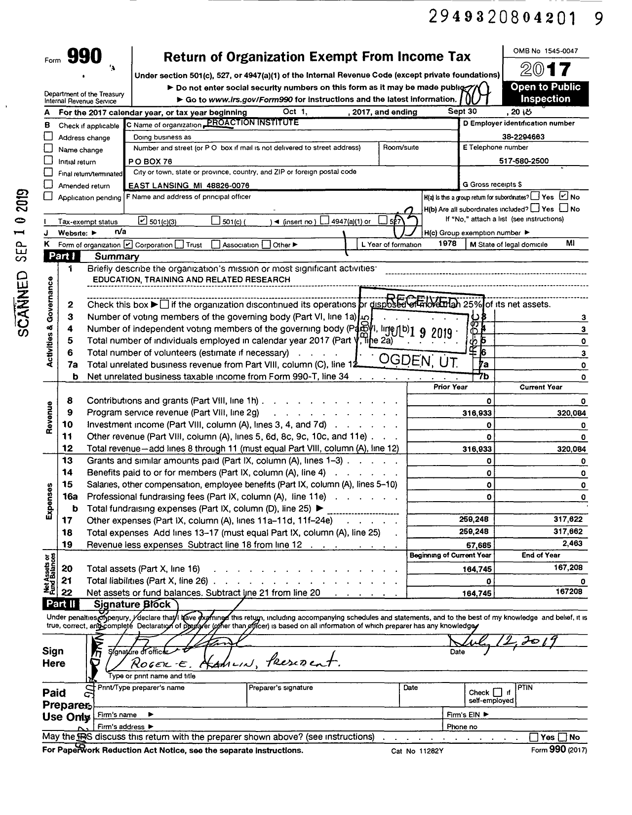 Image of first page of 2017 Form 990 for Proaction Institute Incorporated