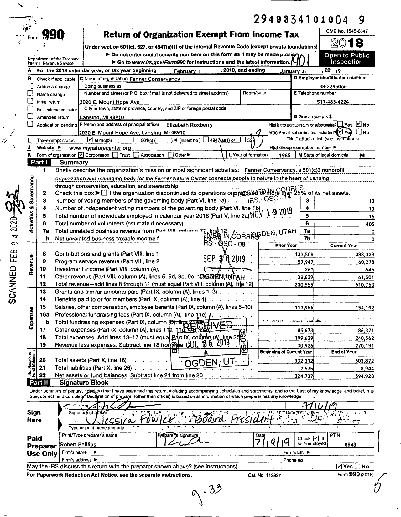 Image of first page of 2018 Form 990 for Fenner Conservancy