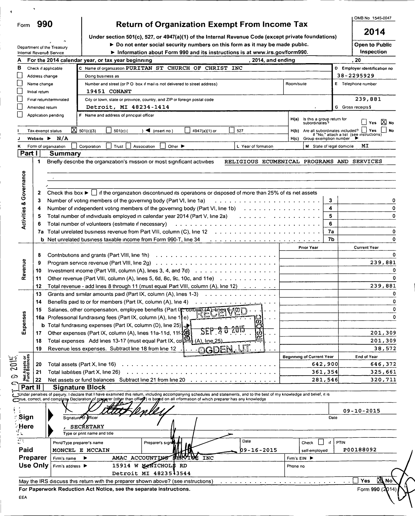 Image of first page of 2014 Form 990 for Puritan Street Church of Christ