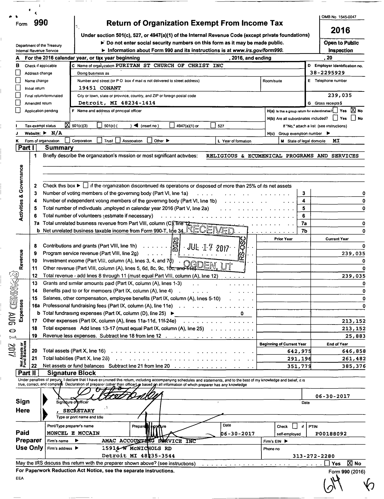 Image of first page of 2016 Form 990 for Puritan Street Church of Christ