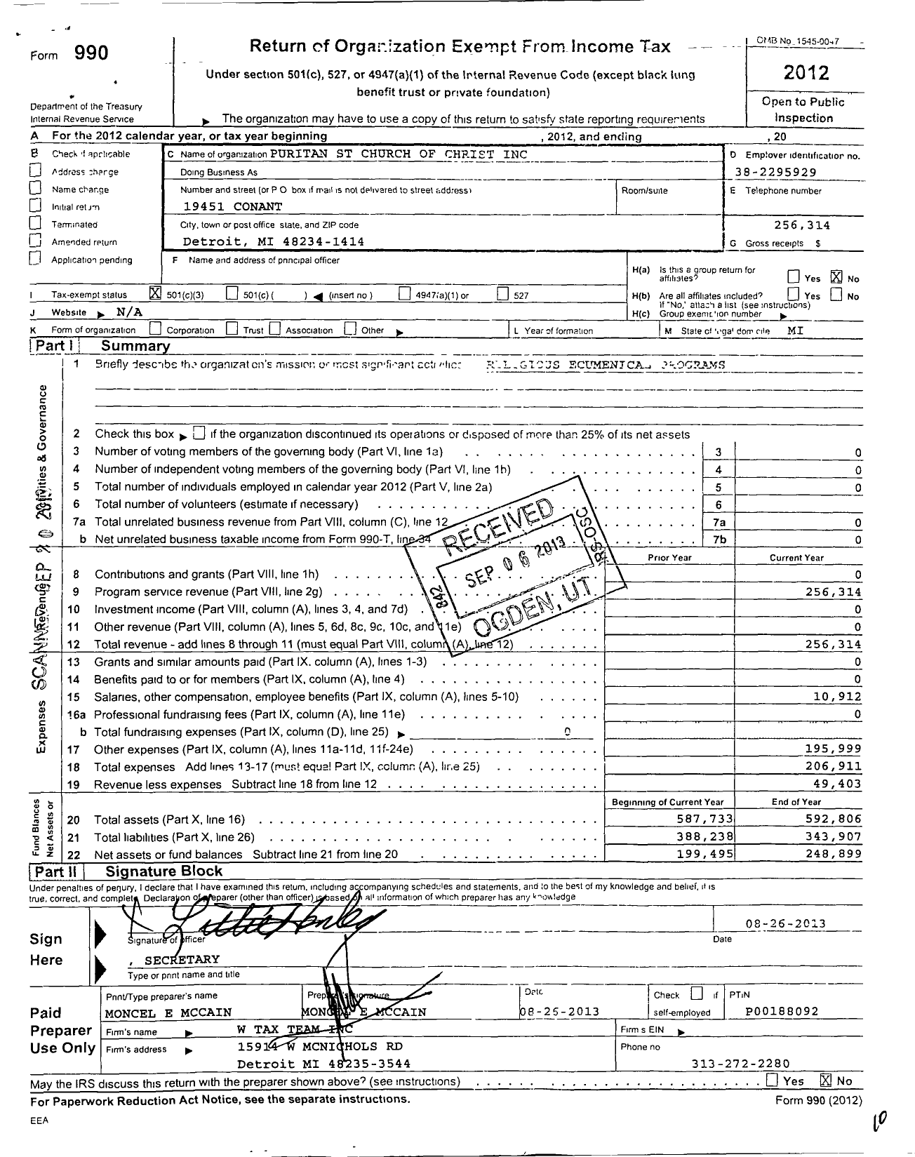 Image of first page of 2012 Form 990 for Puritan Street Church of Christ