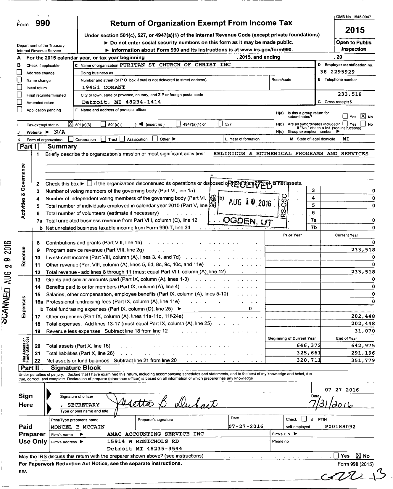 Image of first page of 2015 Form 990 for Puritan Street Church of Christ