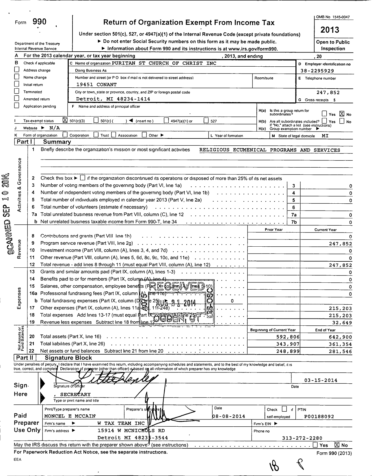 Image of first page of 2013 Form 990 for Puritan Street Church of Christ