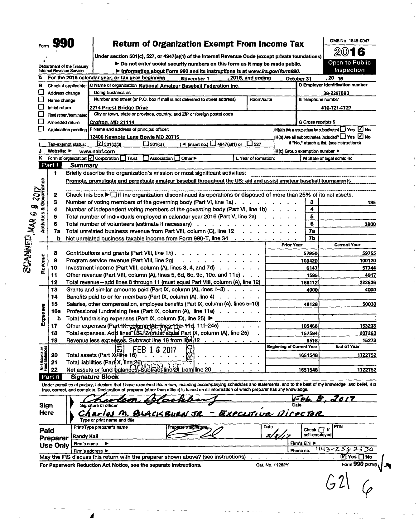 Image of first page of 2015 Form 990 for National Amateur Baseball Federation