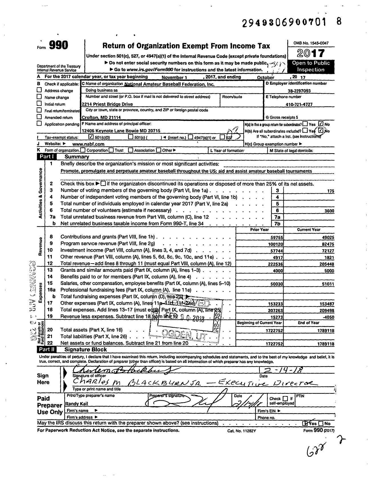 Image of first page of 2016 Form 990 for National Amateur Baseball Federation
