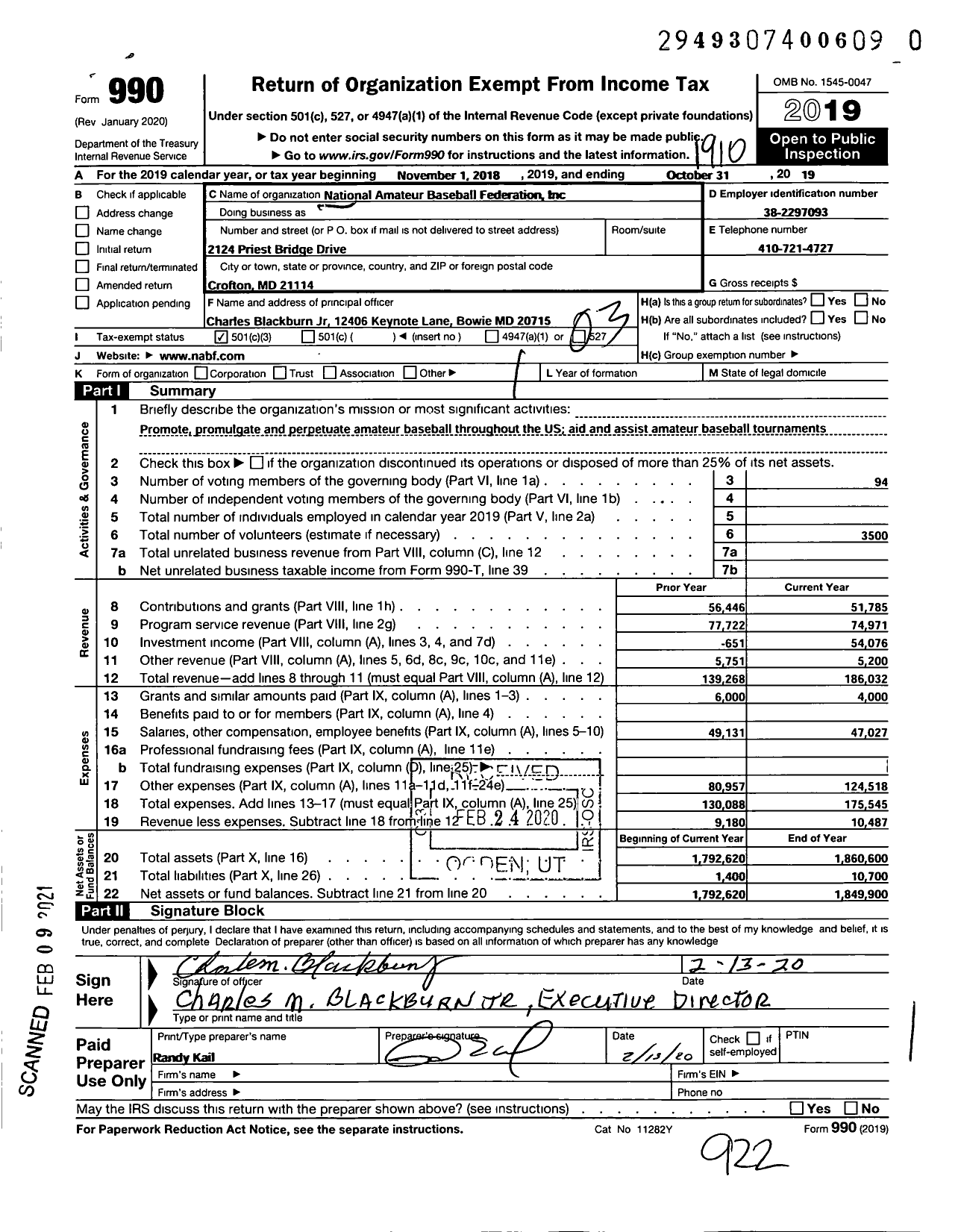 Image of first page of 2018 Form 990 for National Amateur Baseball Federation