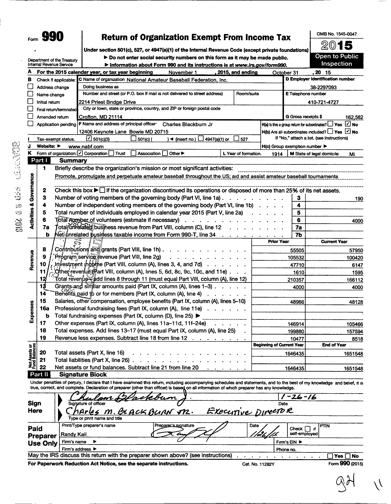 Image of first page of 2014 Form 990 for National Amateur Baseball Federation