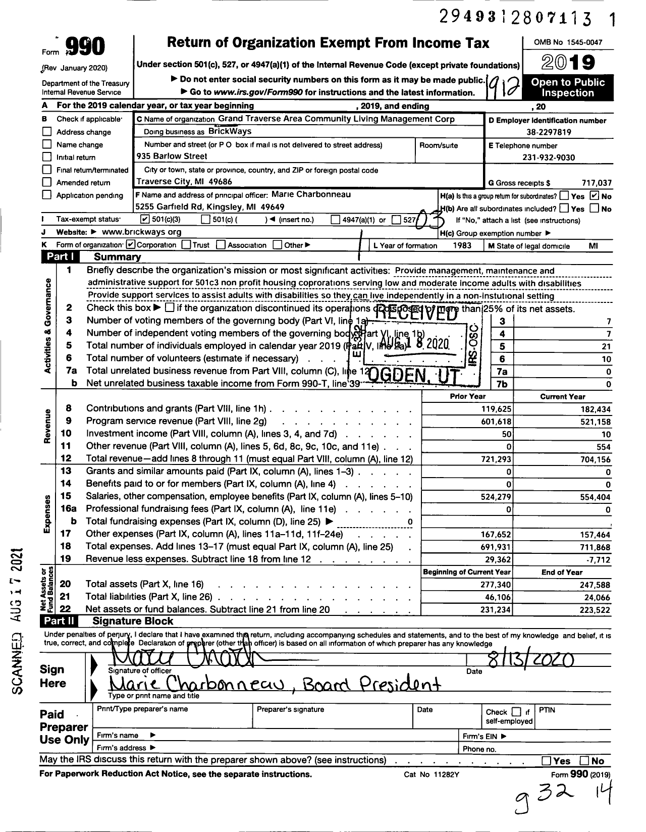 Image of first page of 2019 Form 990 for BrickWays Management