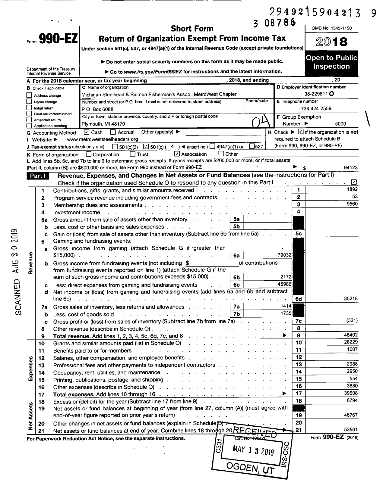 Image of first page of 2018 Form 990EO for Michigan Steelhead Fishermans Association Metrowest CH