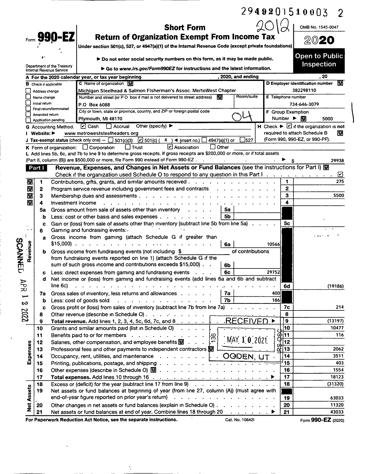 Image of first page of 2020 Form 990EO for Michigan Steelhead Fishermans Association Metrowest CH