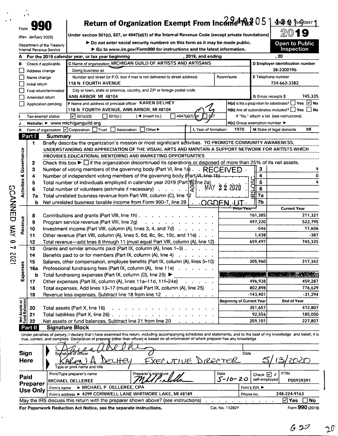 Image of first page of 2019 Form 990 for Michigan Guild of Artists and