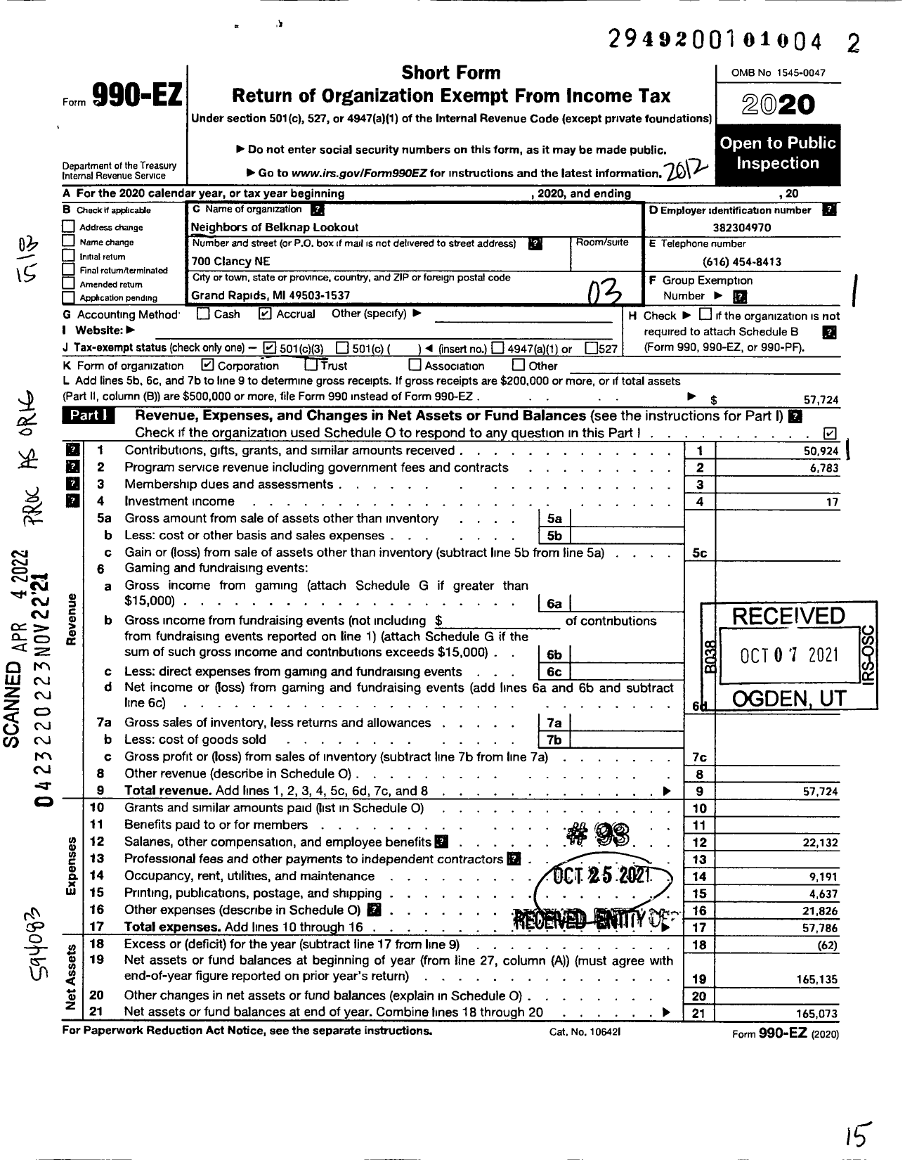 Image of first page of 2020 Form 990EZ for Neighbors of Belknap Lookout