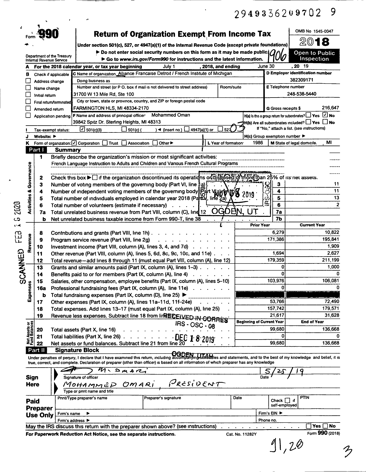 Image of first page of 2018 Form 990 for Alliance Francaise de Detroit-French Institute of Michigan