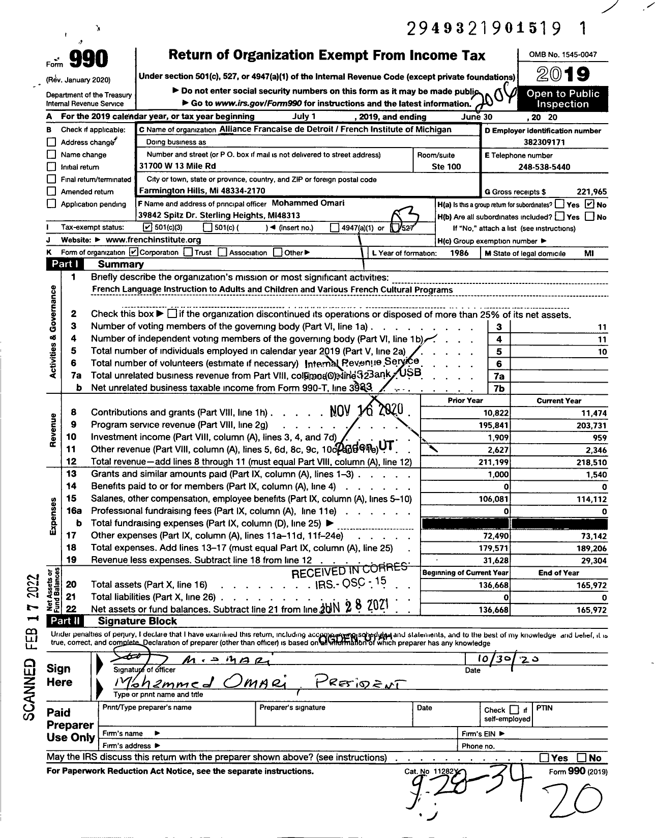 Image of first page of 2019 Form 990 for Alliance Francaise de Detroit-French Institute of Michigan