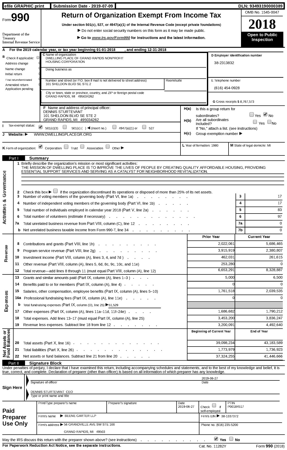 Image of first page of 2018 Form 990 for Dwelling Place of Grand Rapids Nonprofit Housing Corporation