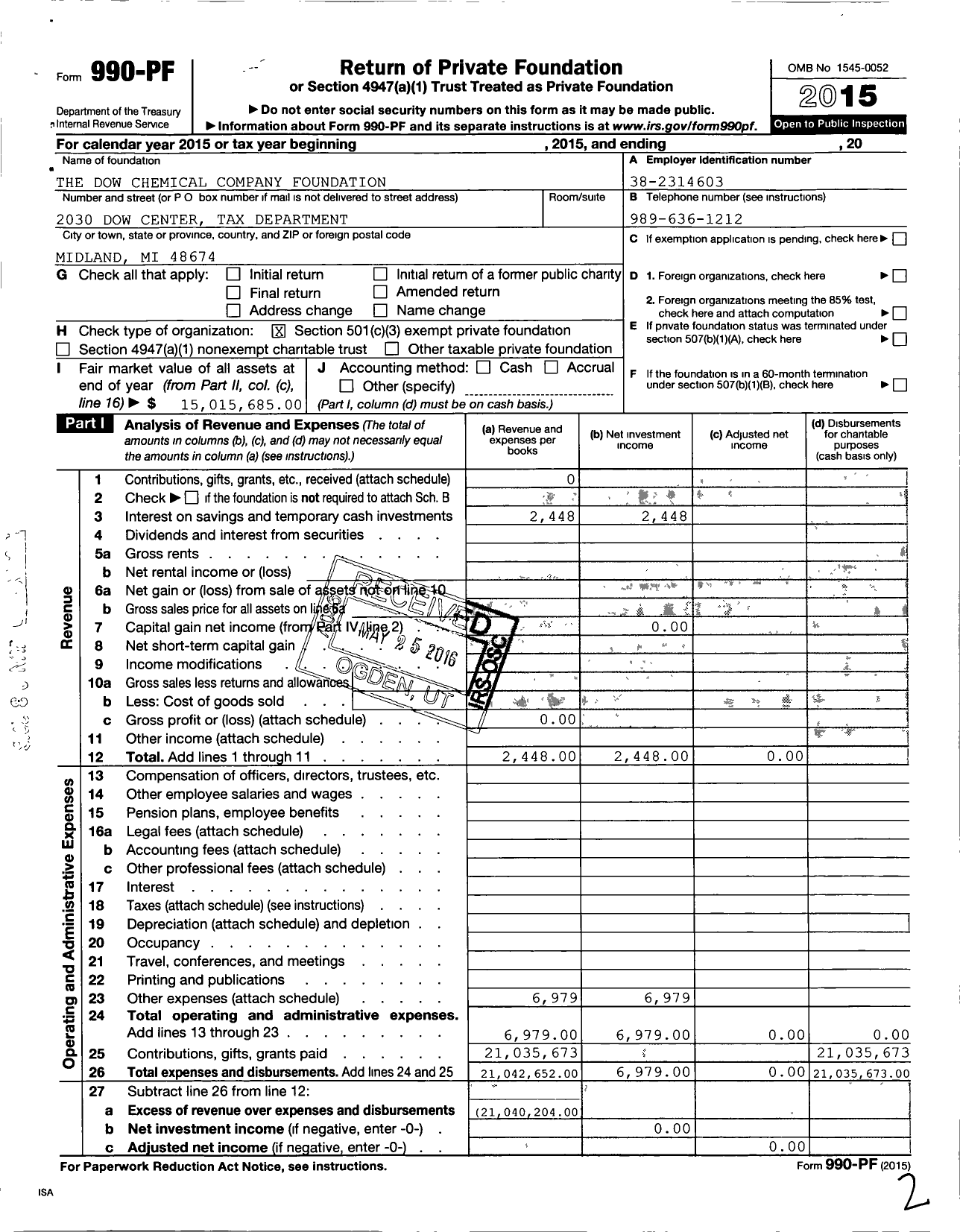 Image of first page of 2015 Form 990PF for DOW Company Foundation
