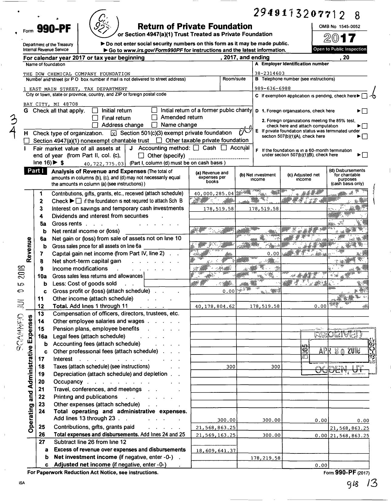 Image of first page of 2017 Form 990PF for DOW Company Foundation