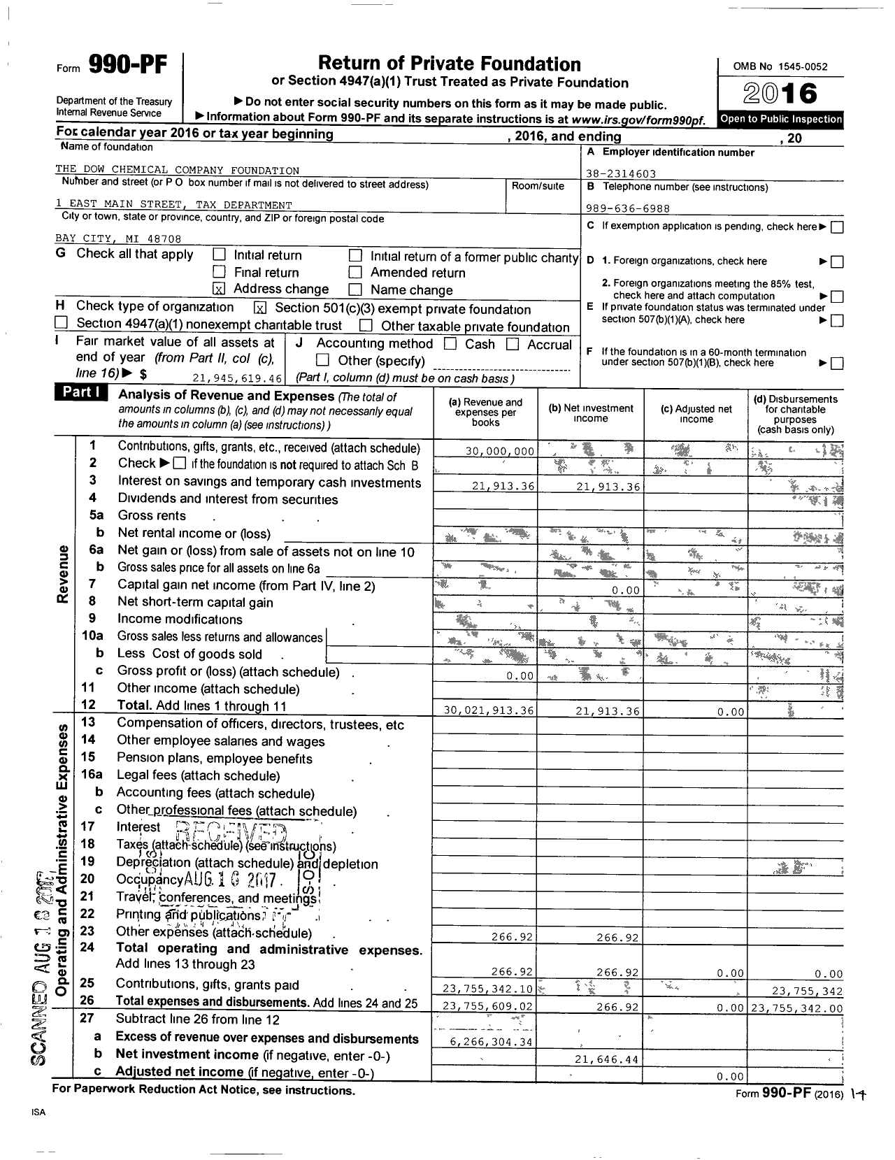 Image of first page of 2016 Form 990PF for DOW Company Foundation
