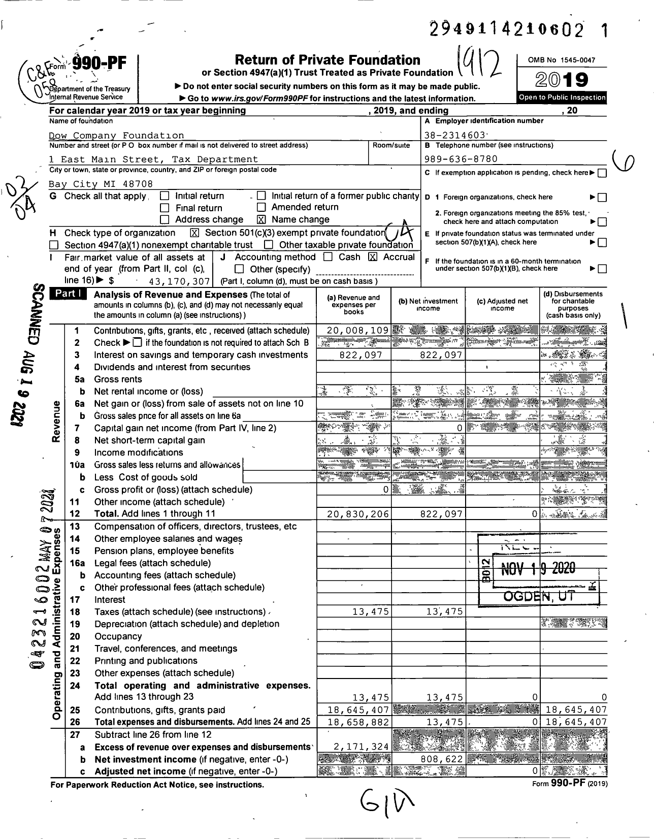 Image of first page of 2019 Form 990PF for DOW Company Foundation