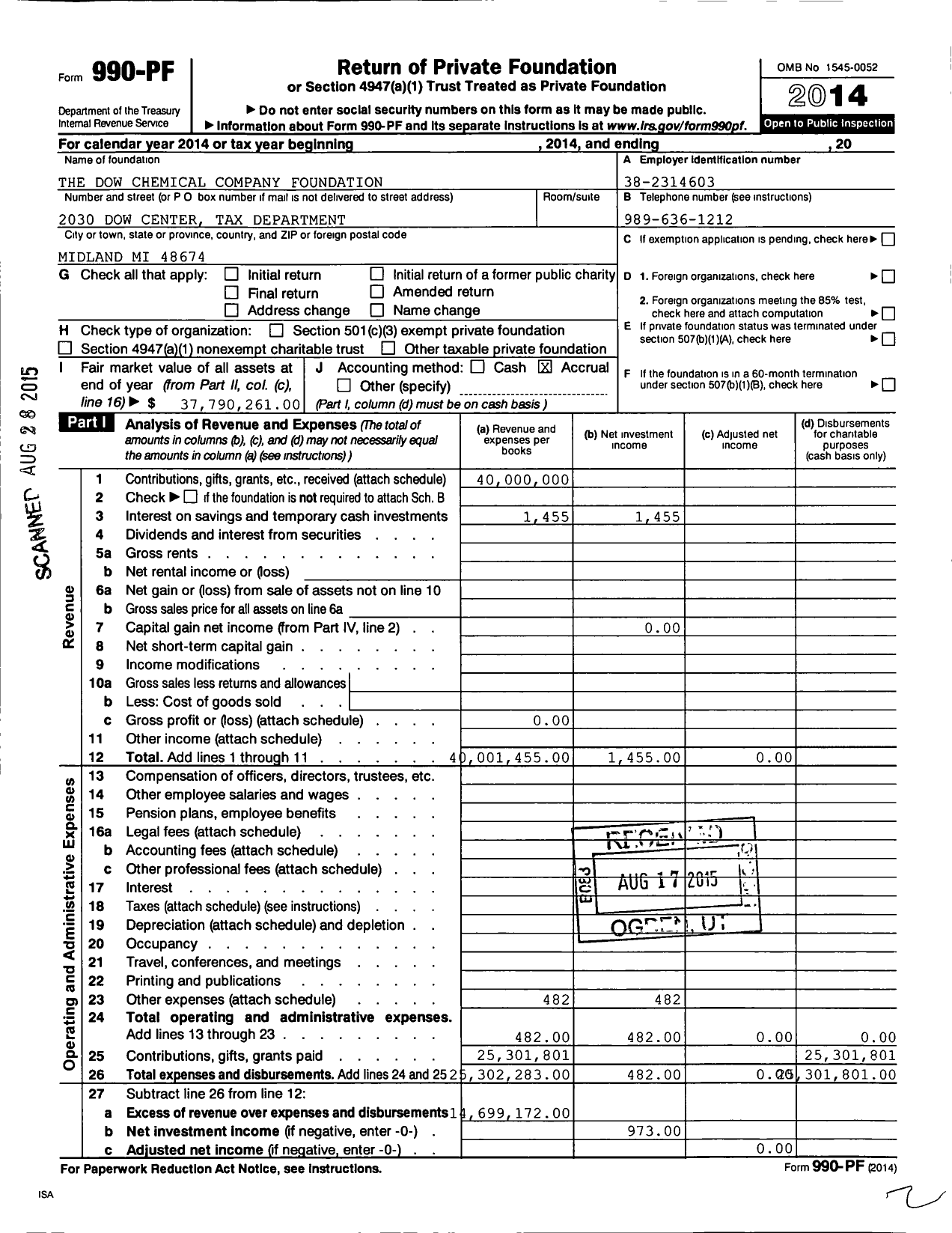 Image of first page of 2014 Form 990PF for DOW Company Foundation