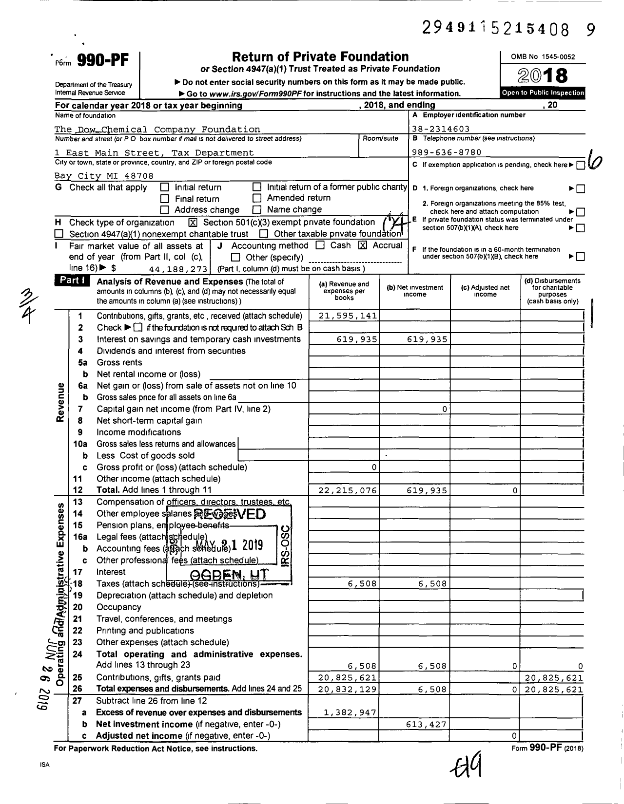 Image of first page of 2018 Form 990PF for DOW Company Foundation