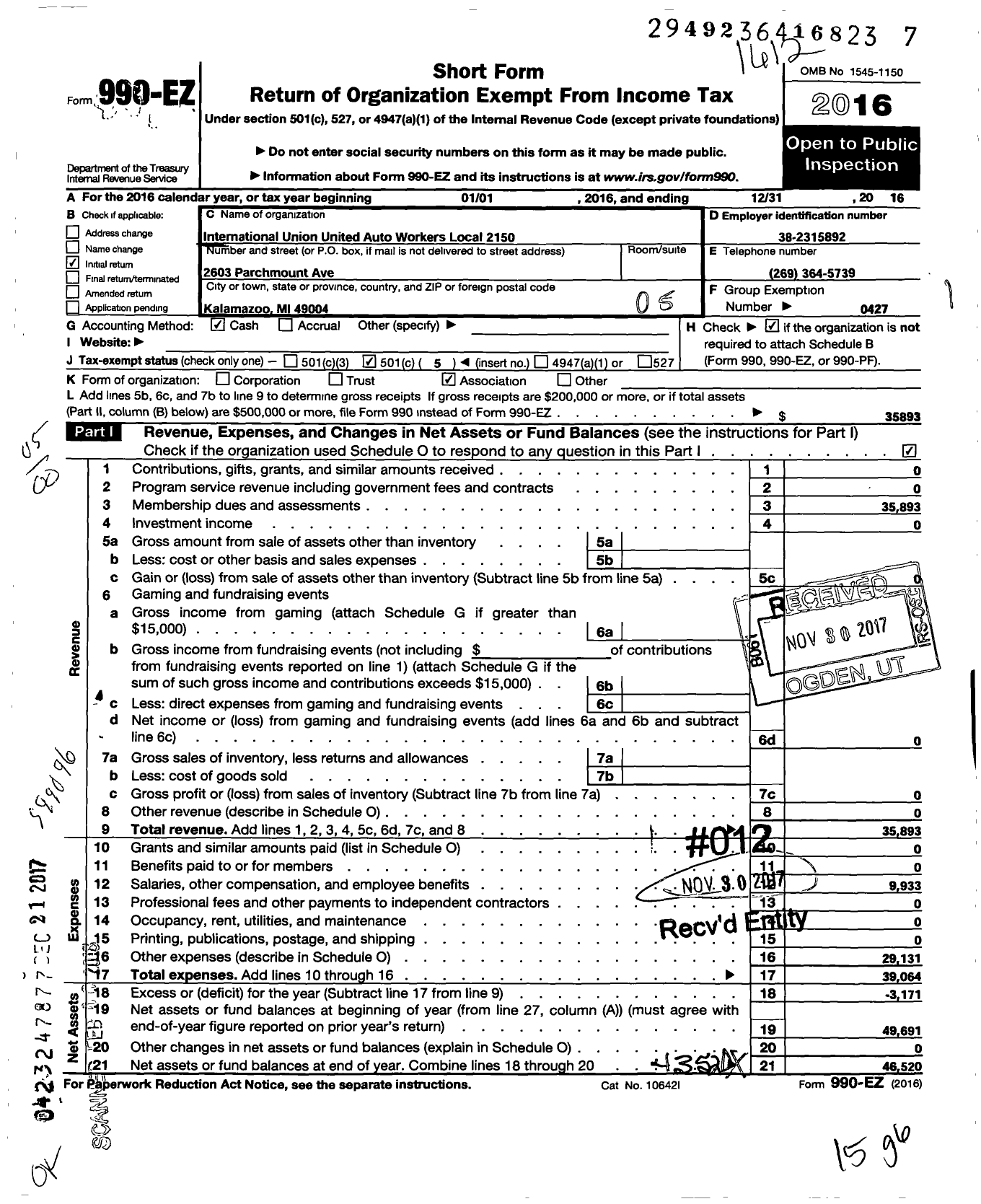 Image of first page of 2016 Form 990EO for Uaw - 2150 Uaw Local