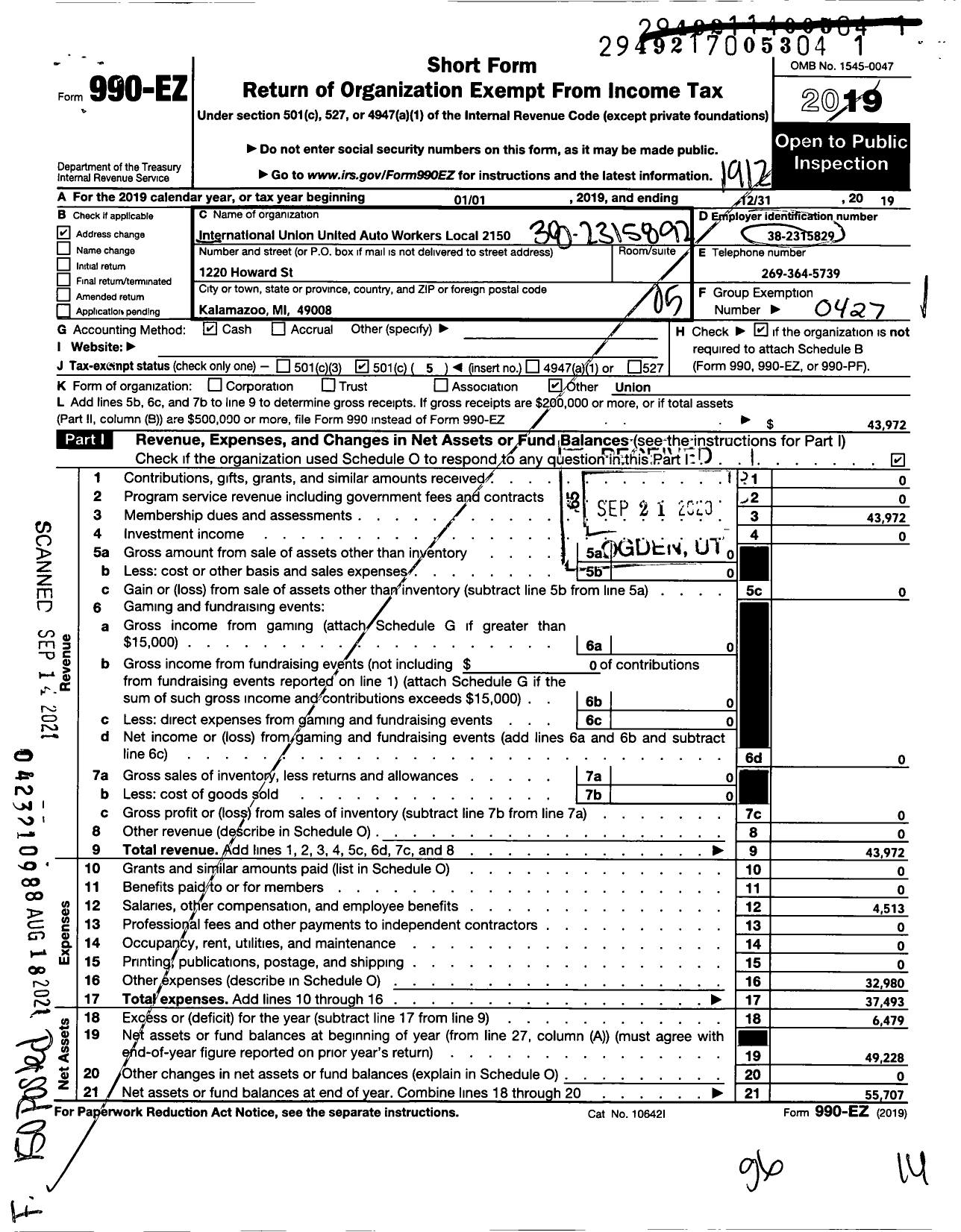 Image of first page of 2019 Form 990EO for Uaw - 2150 Uaw Local