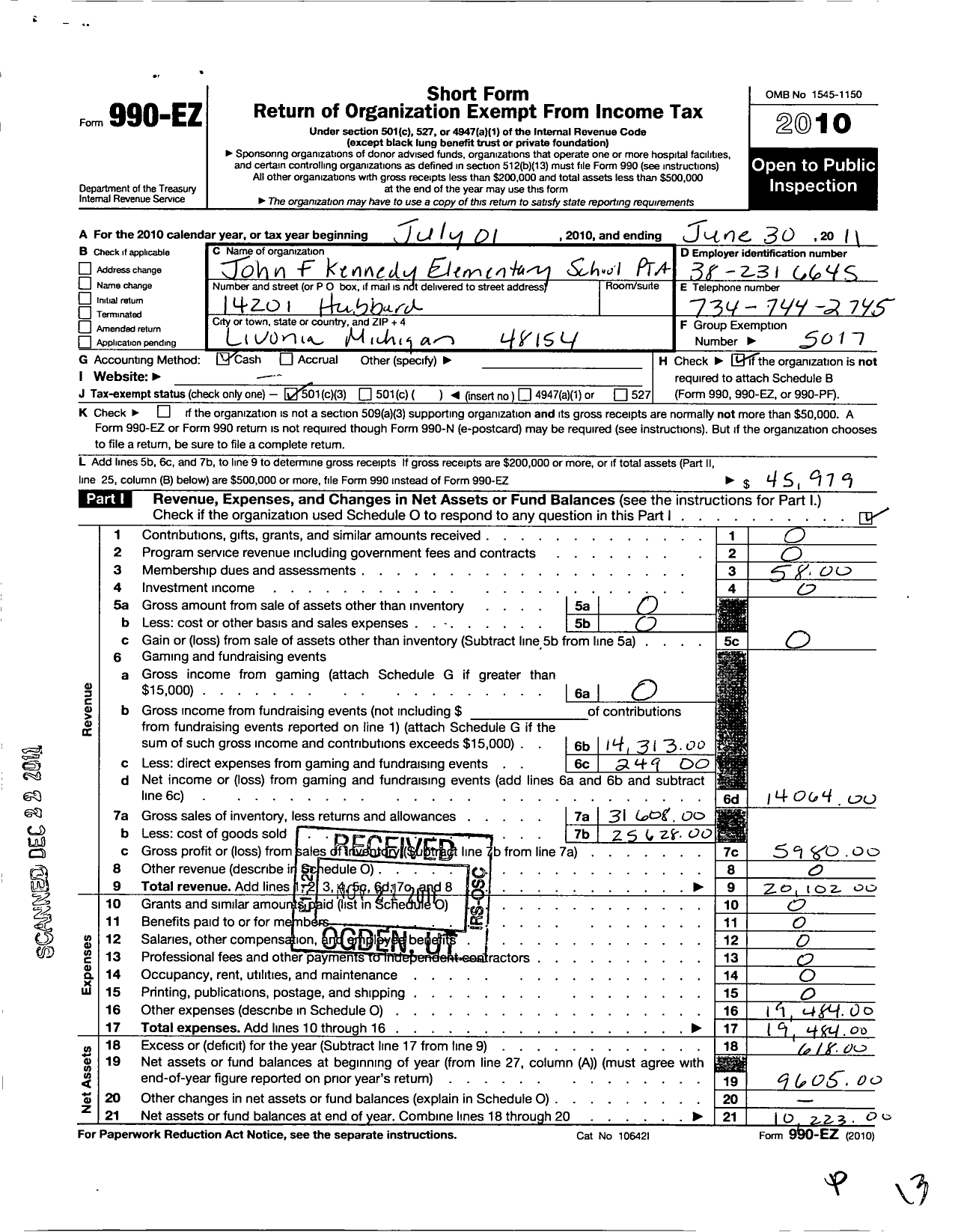 Image of first page of 2010 Form 990EZ for Ptsa Michigan Congress of Parents Teachers and Students / John F Kennedy Elementary PTA