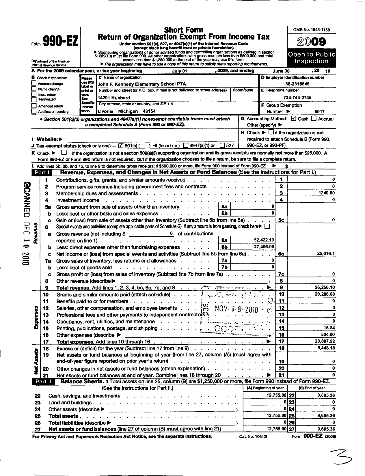 Image of first page of 2009 Form 990EO for Ptsa Michigan Congress of Parents Teachers and Students / John F Kennedy Elementary PTA