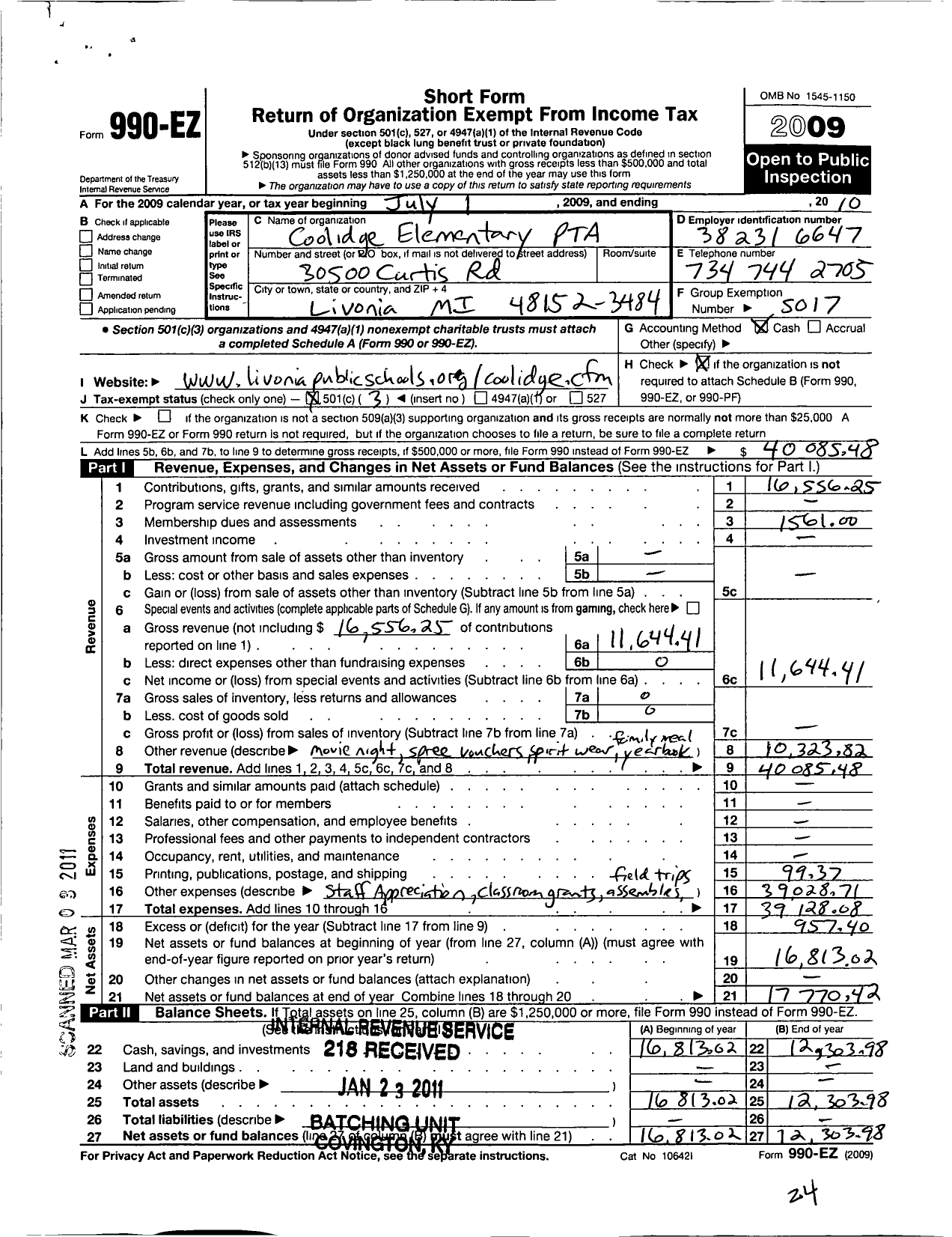 Image of first page of 2010 Form 990EZ for Ptsa Michigan Congress of Parents Teachers and Students / Coolidge Elementary PTA