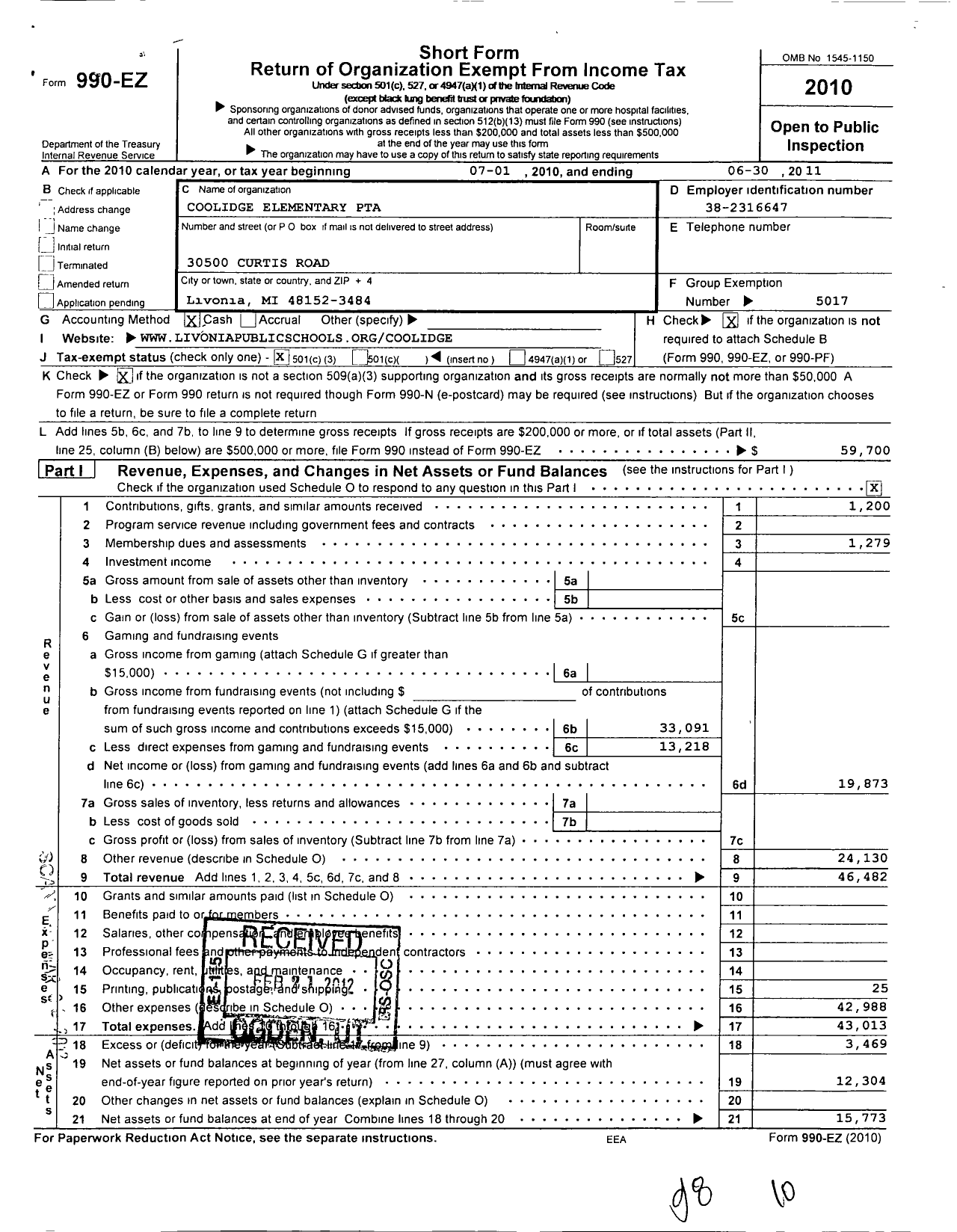 Image of first page of 2010 Form 990EZ for Ptsa Michigan Congress of Parents Teachers and Students / Coolidge Elementary PTA