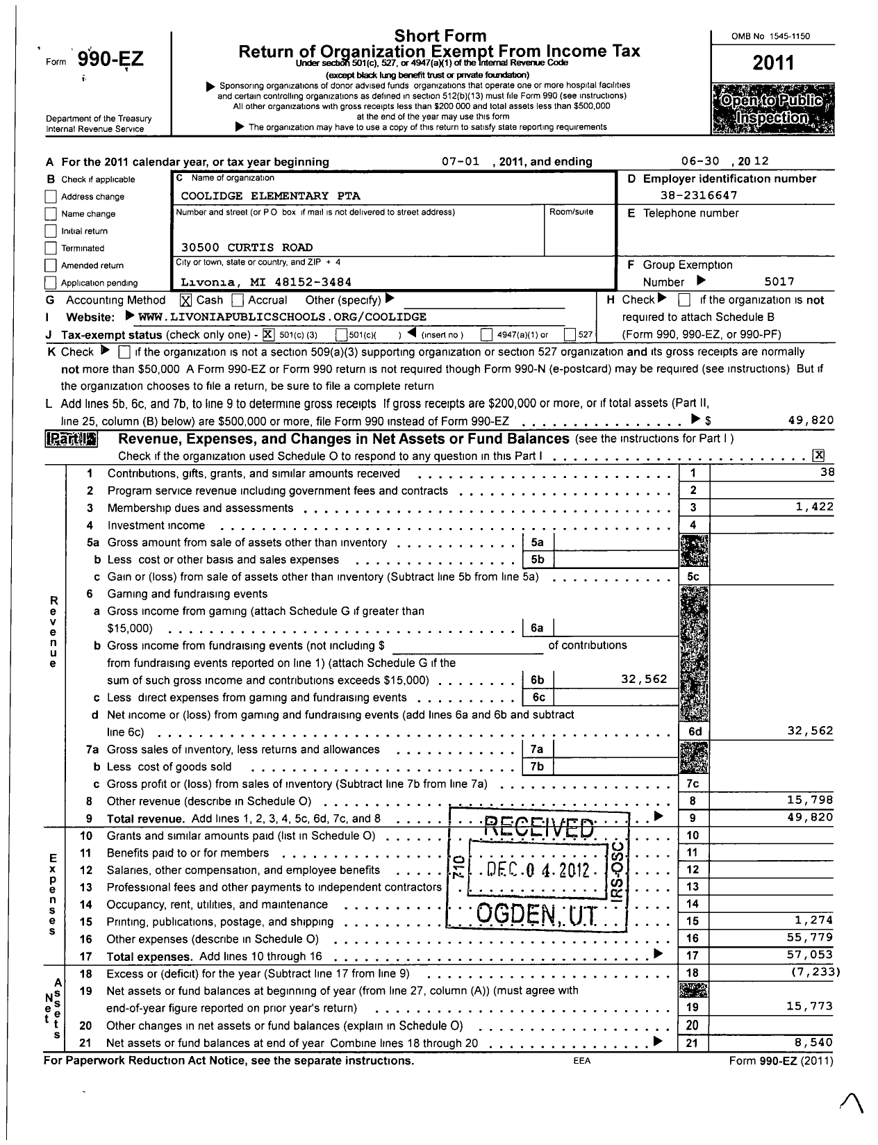 Image of first page of 2011 Form 990EZ for Ptsa Michigan Congress of Parents Teachers and Students / Coolidge Elementary PTA