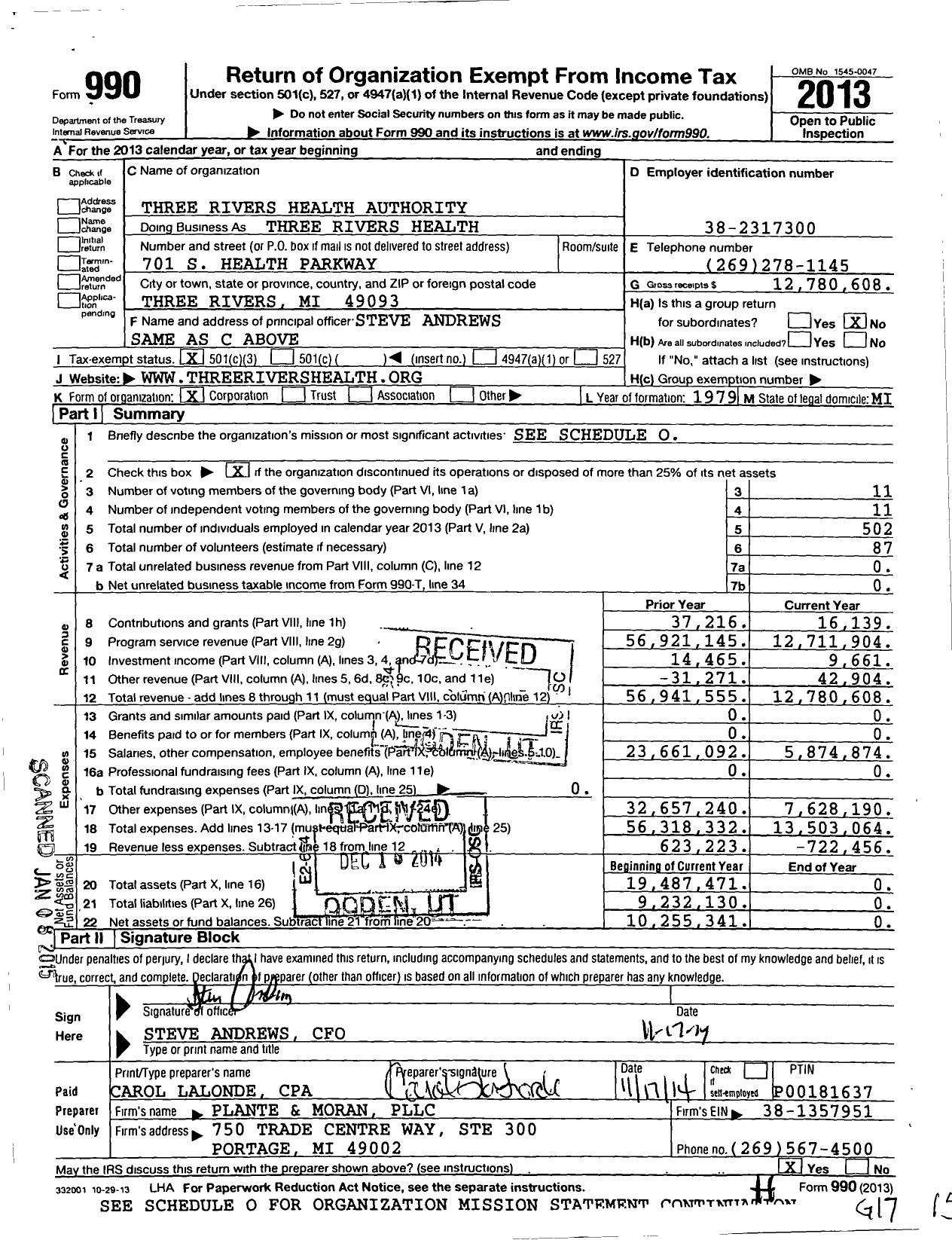 Image of first page of 2013 Form 990 for Three Rivers Health System