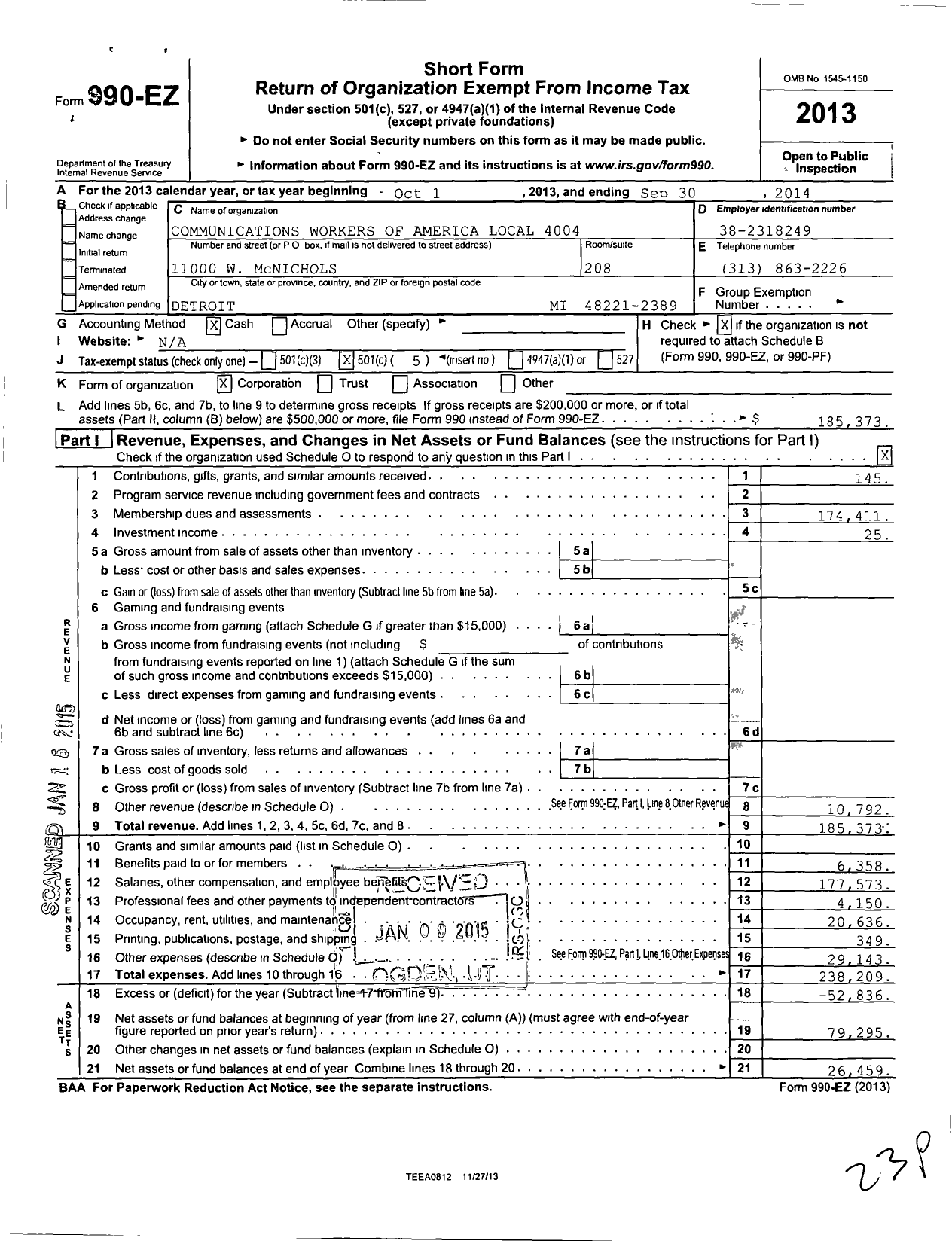 Image of first page of 2013 Form 990EO for Communications Workers of America Local 4004