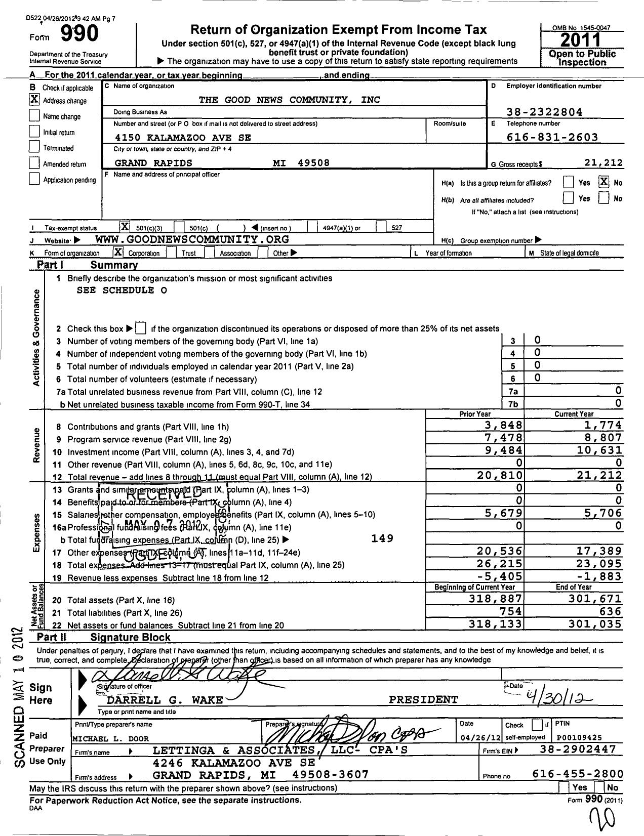 Image of first page of 2011 Form 990 for Good News Community