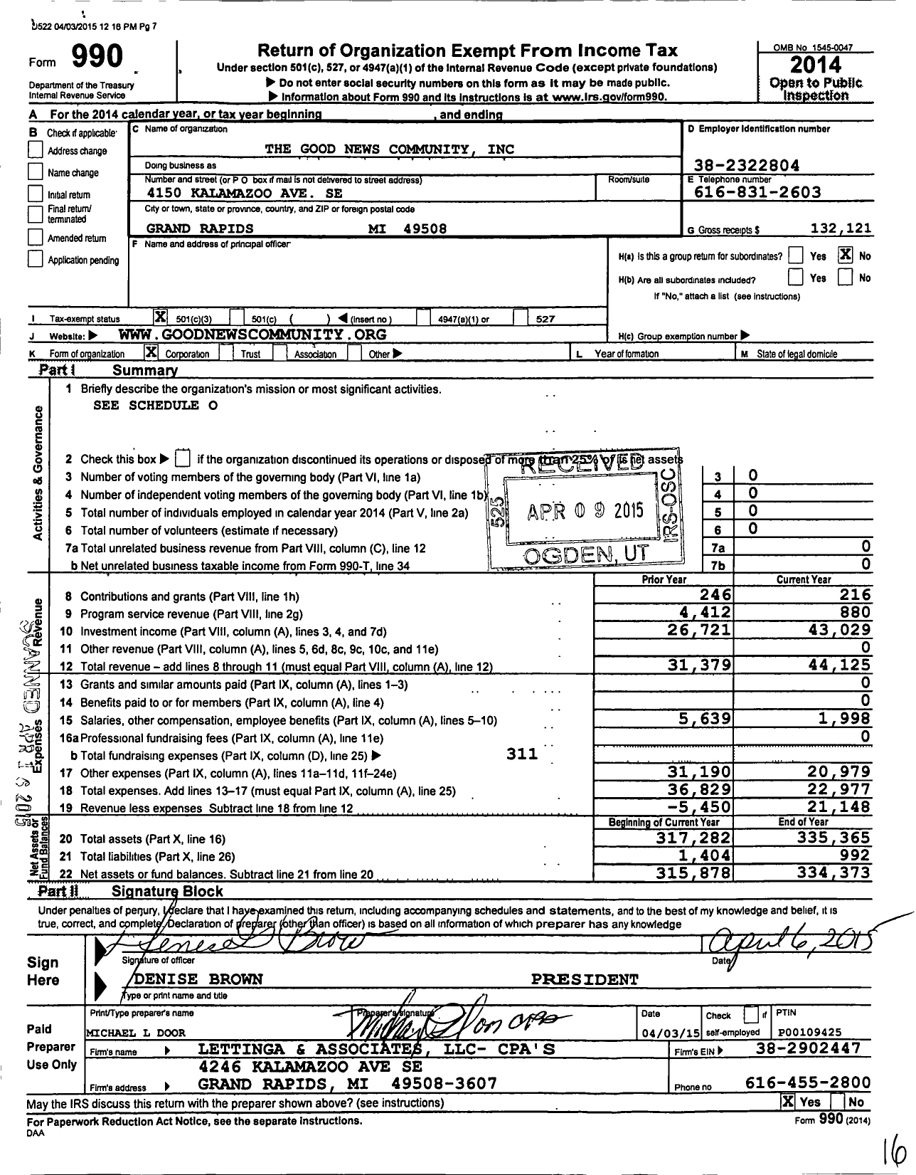 Image of first page of 2014 Form 990 for Good News Community