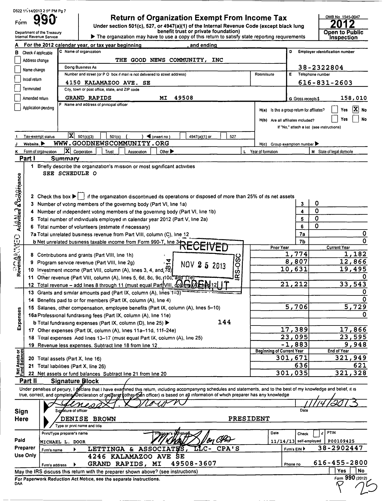 Image of first page of 2012 Form 990 for Good News Community