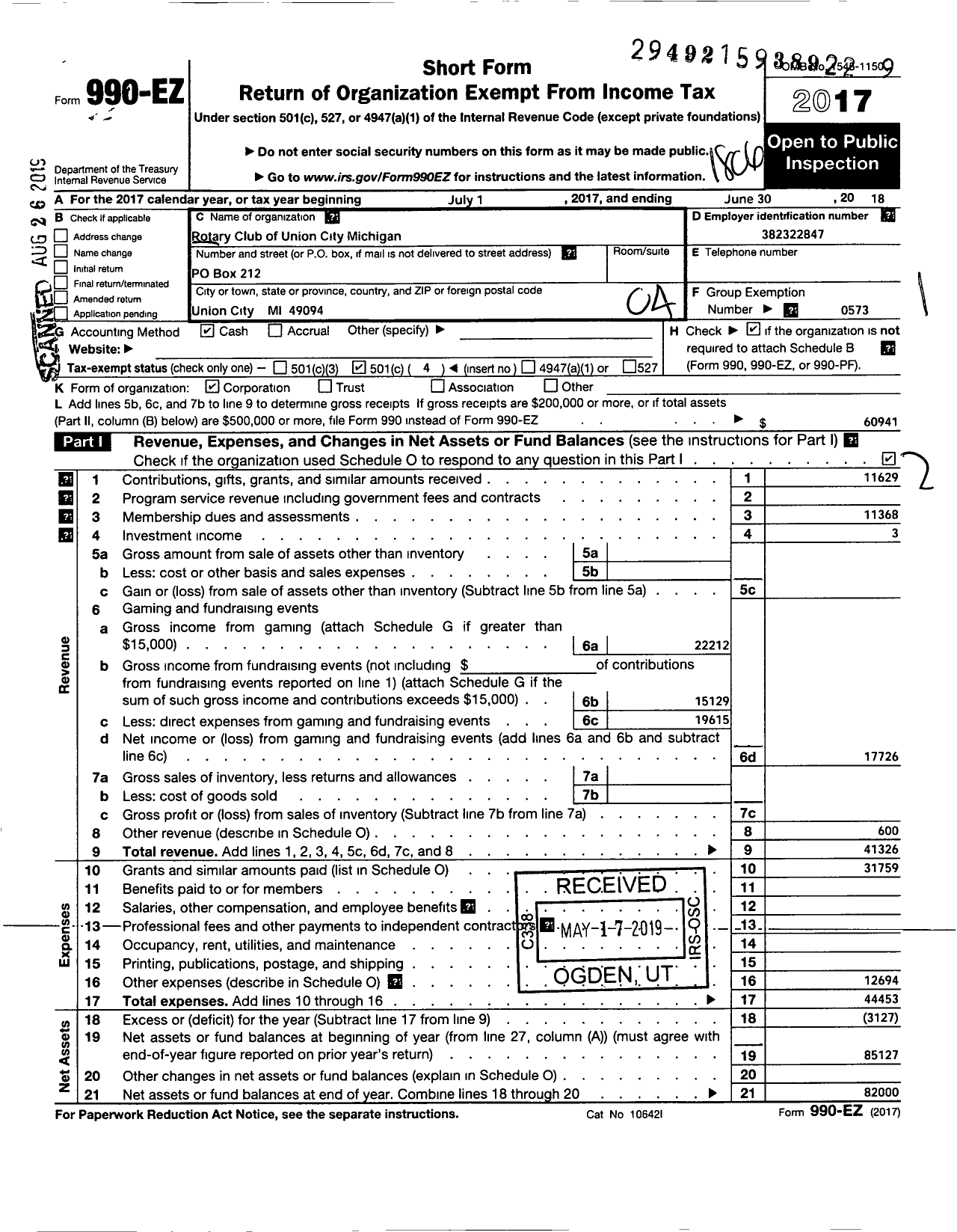 Image of first page of 2017 Form 990EO for Rotary International - Rotary Club of Union City Mi