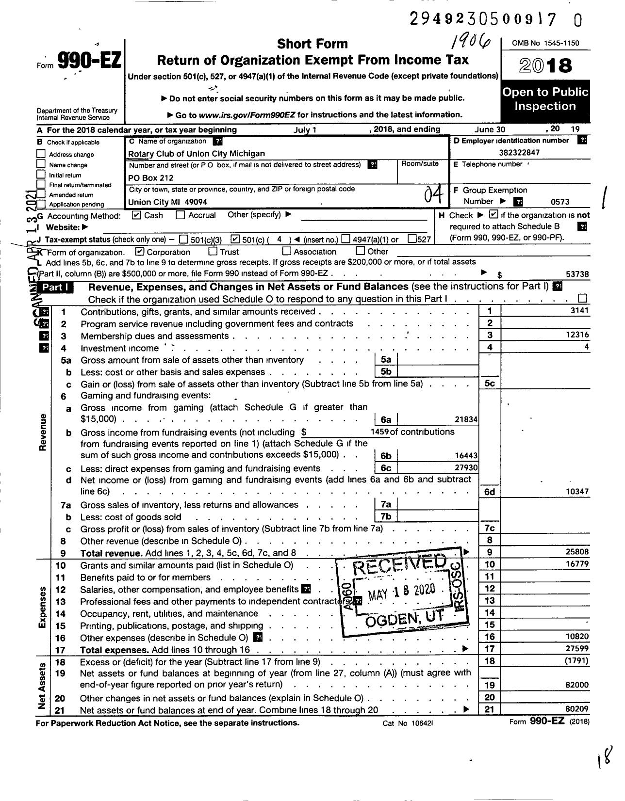 Image of first page of 2018 Form 990EO for Rotary International - Rotary Club of Union City Mi