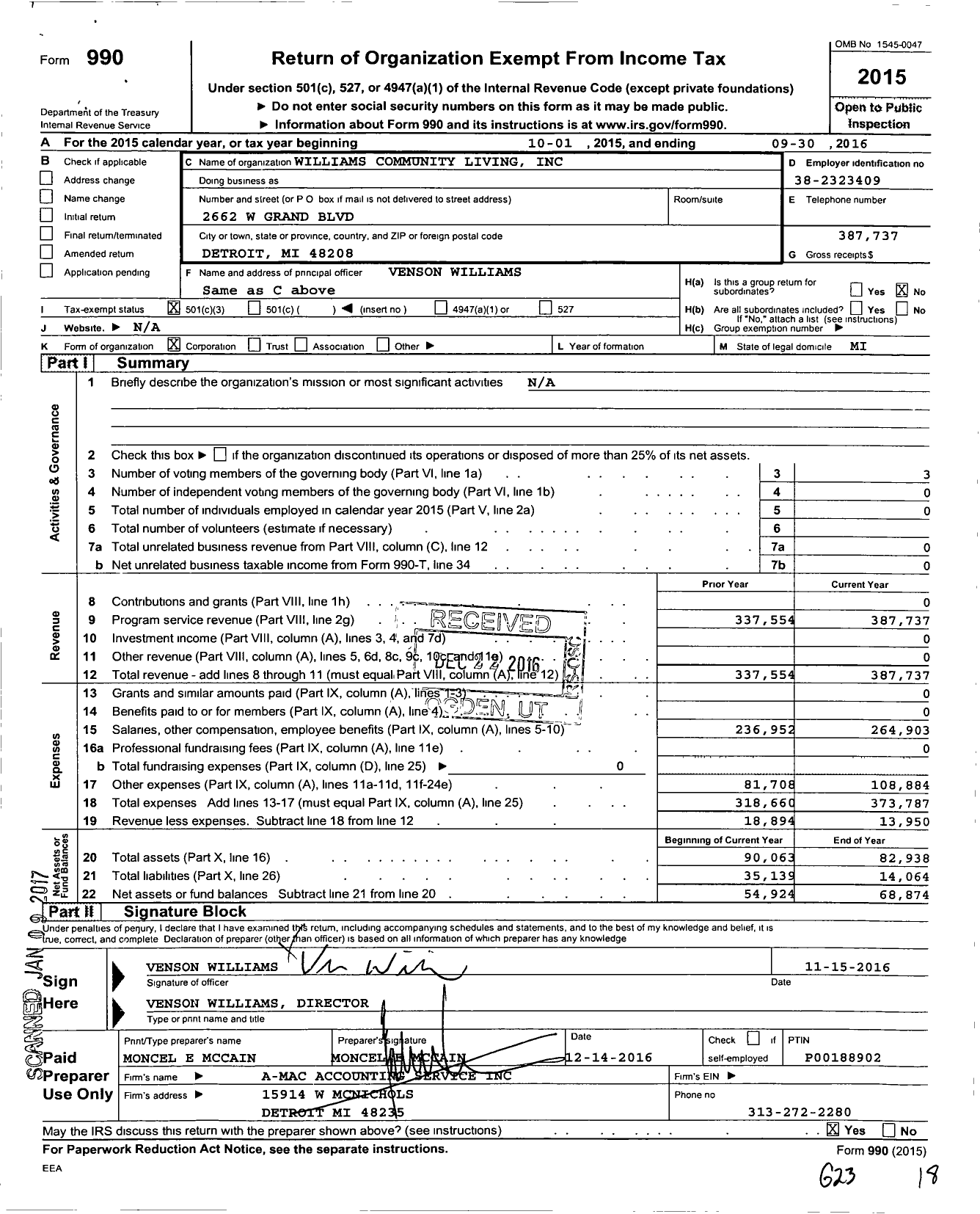 Image of first page of 2015 Form 990 for Williams Community Living