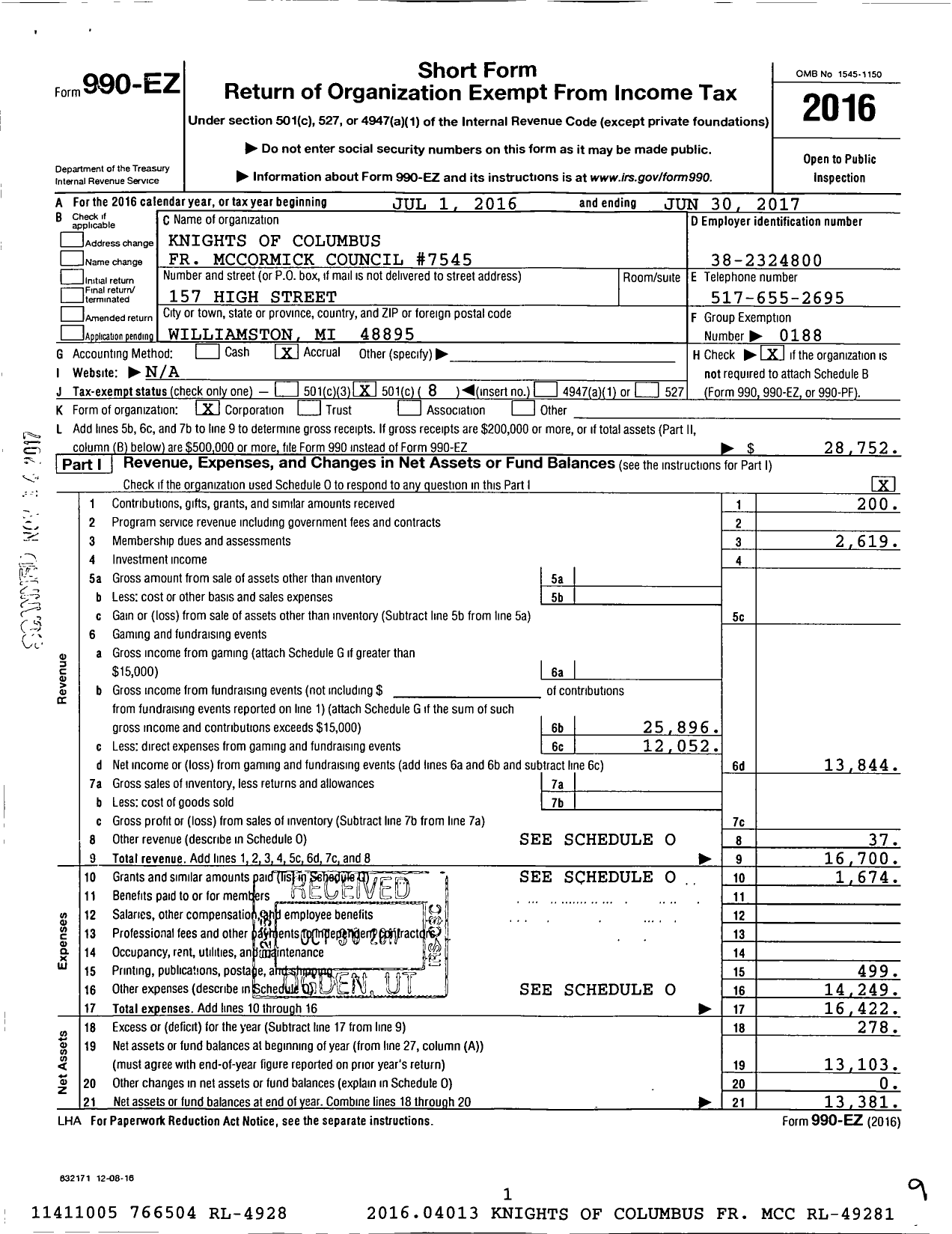 Image of first page of 2016 Form 990EO for Knights of Columbus - 7545 FR F B Mccormick Council