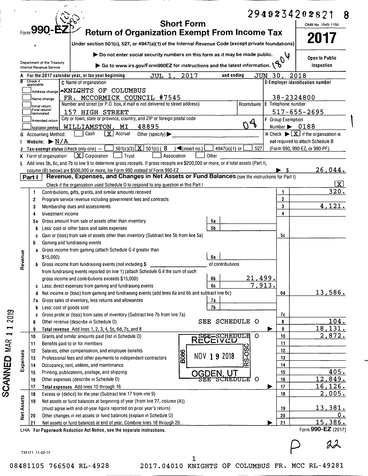 Image of first page of 2017 Form 990EO for Knights of Columbus - 7545 FR F B Mccormick Council