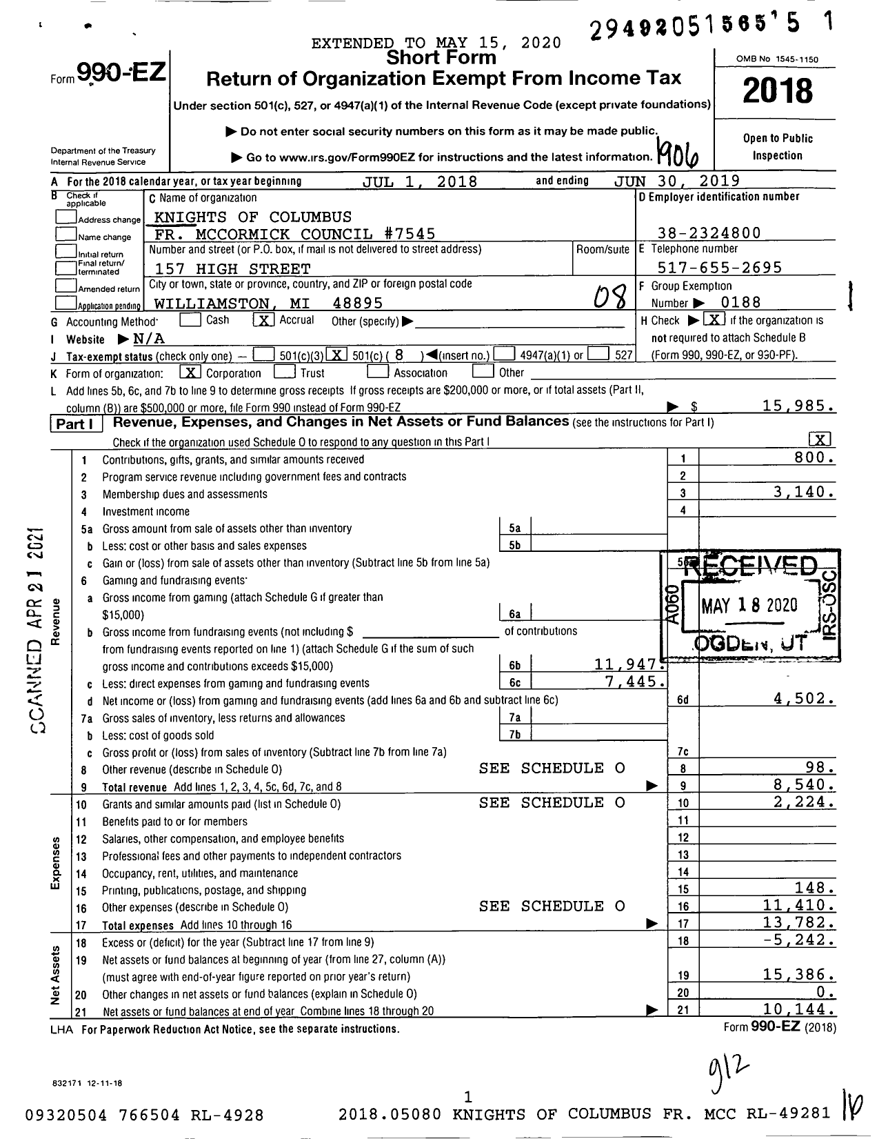 Image of first page of 2018 Form 990EO for Knights of Columbus - 7545 FR F B Mccormick Council