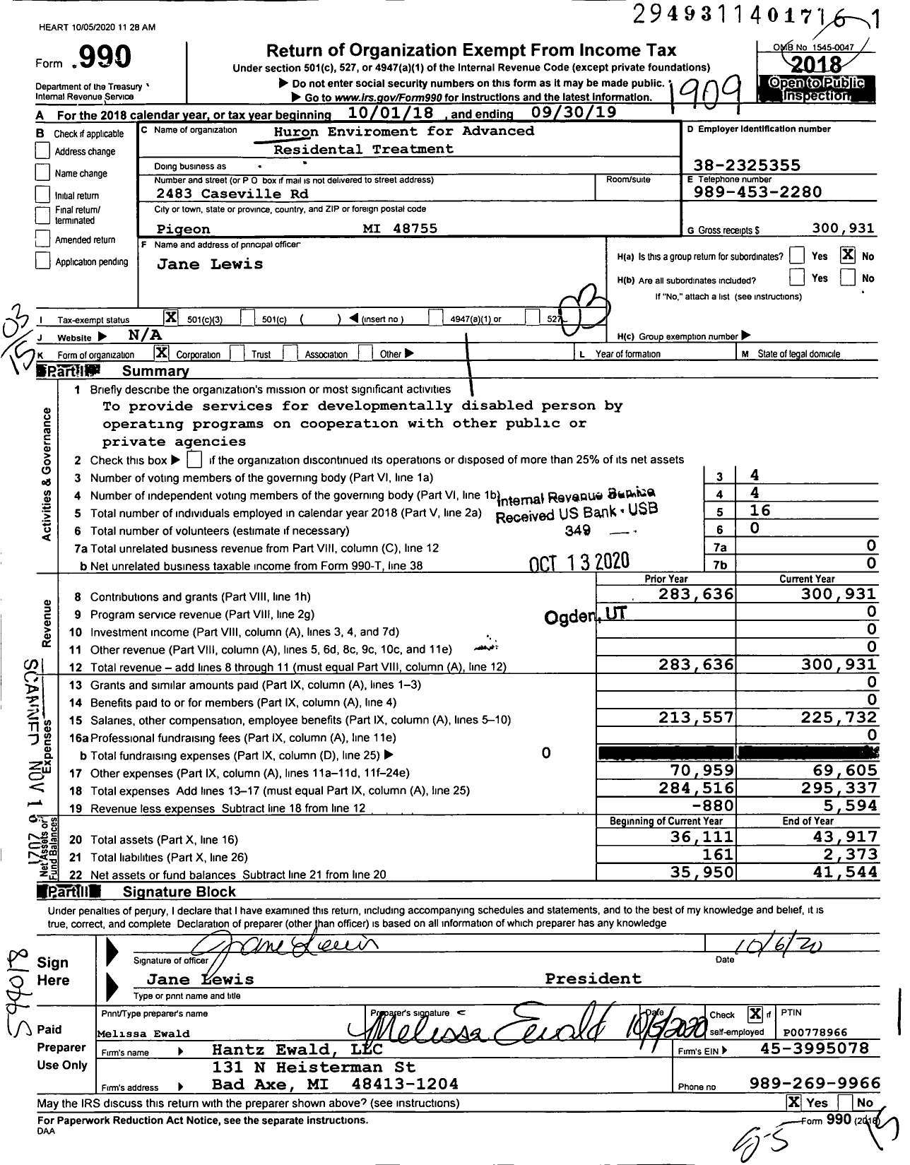 Image of first page of 2018 Form 990 for Huron Enviroment for Advanced Residental Treatment