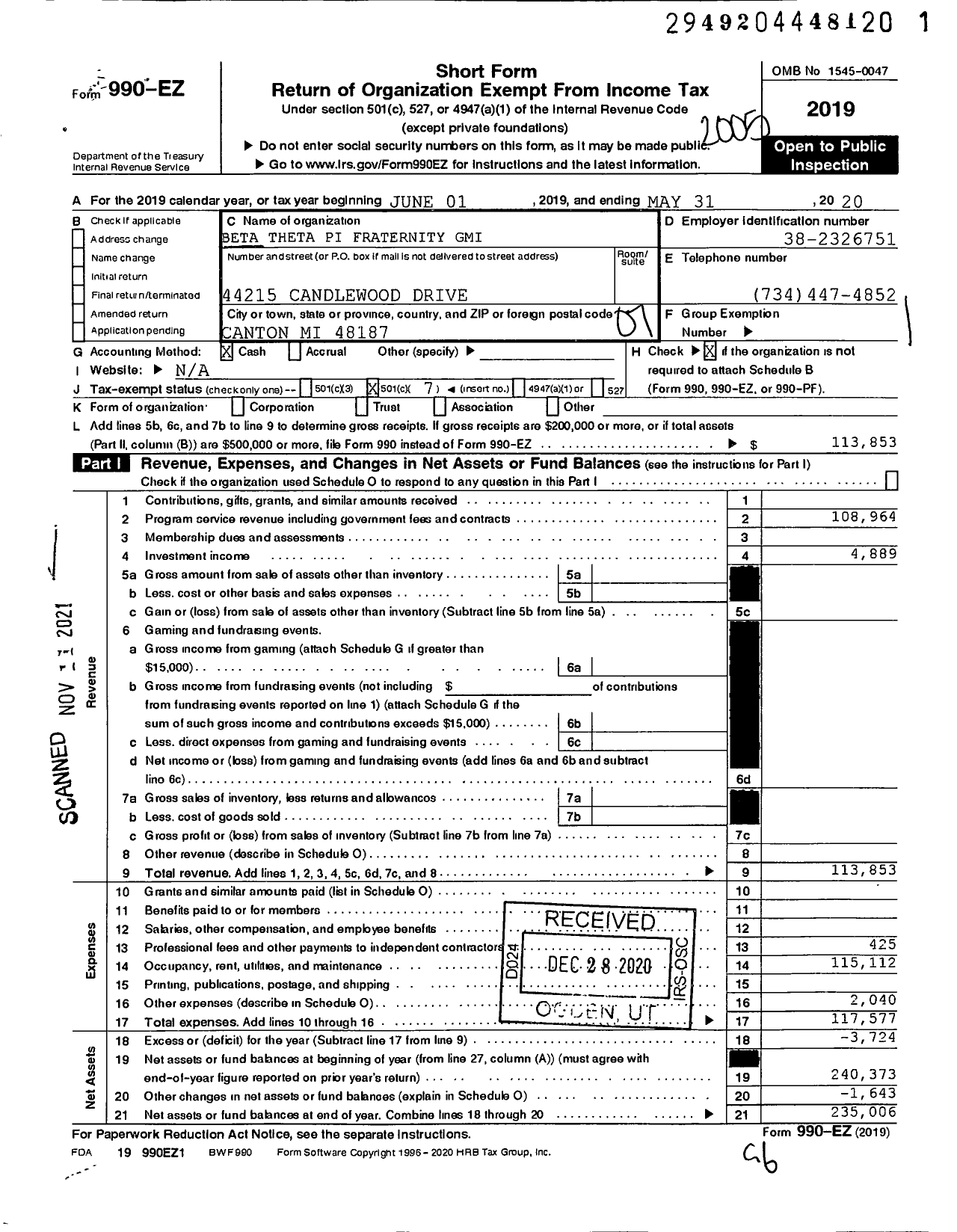 Image of first page of 2019 Form 990EO for Beta Theta Pi Fraternity - 284 Delta Eta Chapter