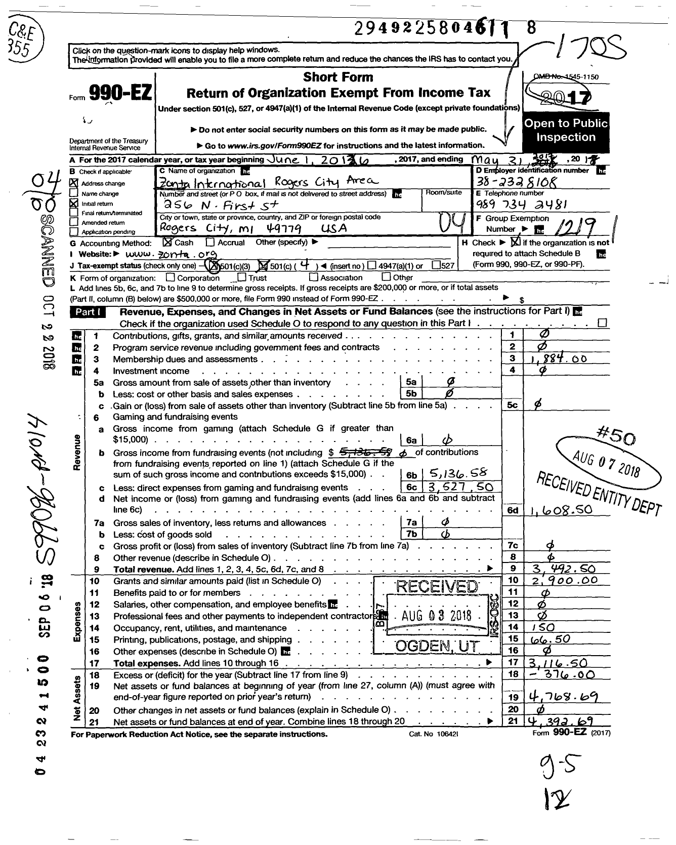 Image of first page of 2016 Form 990EO for Zonta International / Rogers City Area
