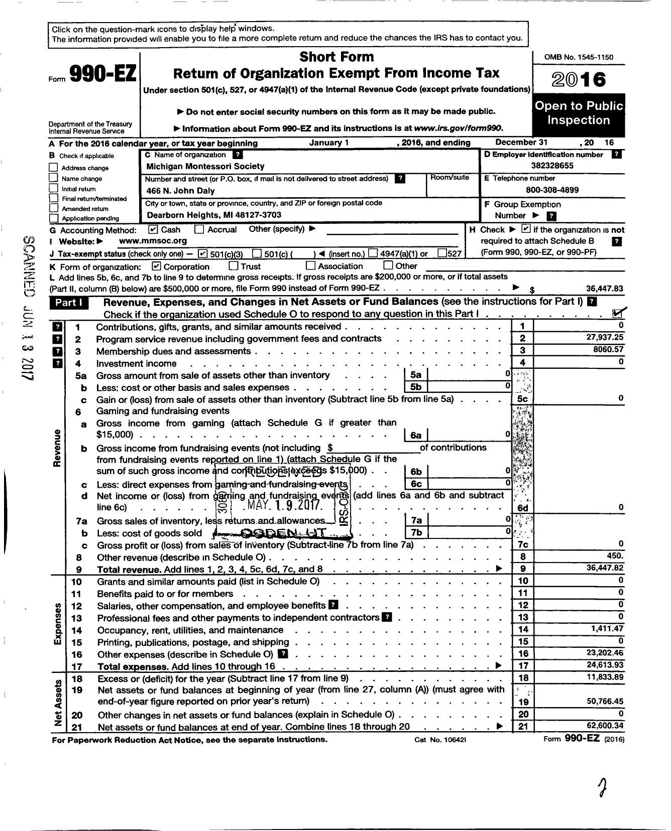 Image of first page of 2016 Form 990EZ for Michigan Montessori Society