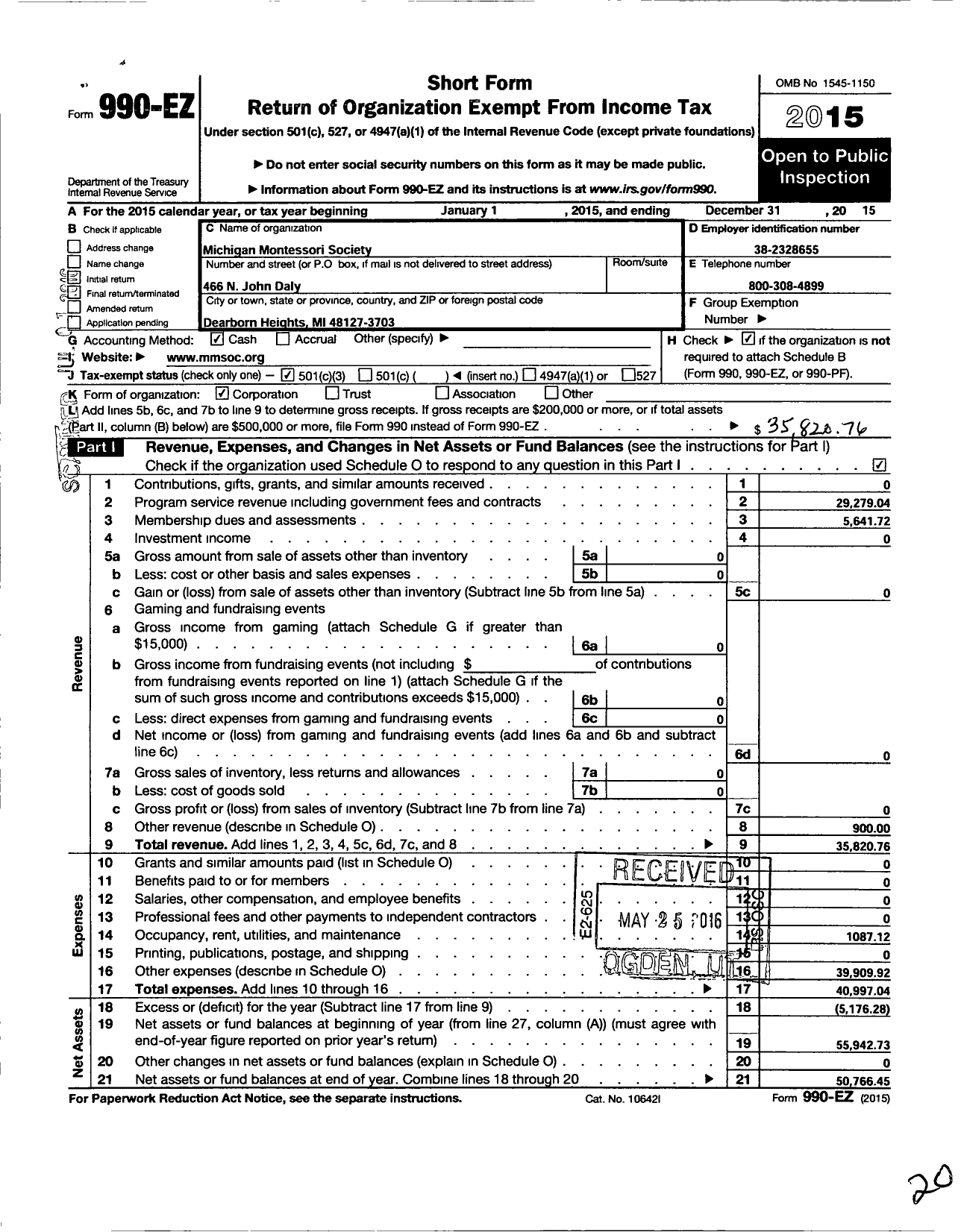 Image of first page of 2015 Form 990EZ for Michigan Montessori Society